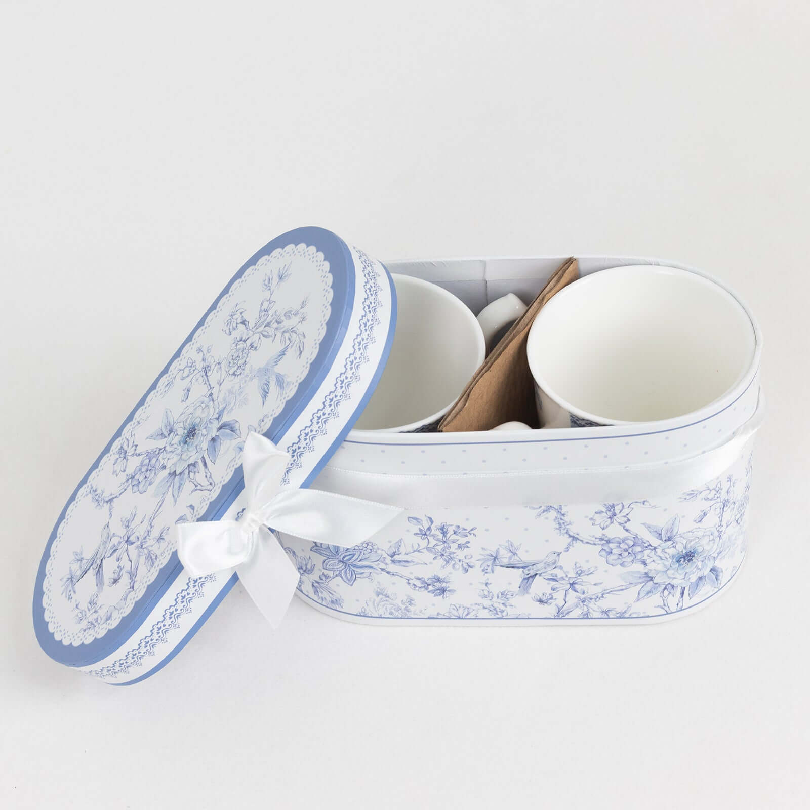 White Blue French Toile Bridal Shower Gift Set, 2 Pack Porcelain Tea Cups With Matching Keepsake Gift Box and Satin Ribbon Handle