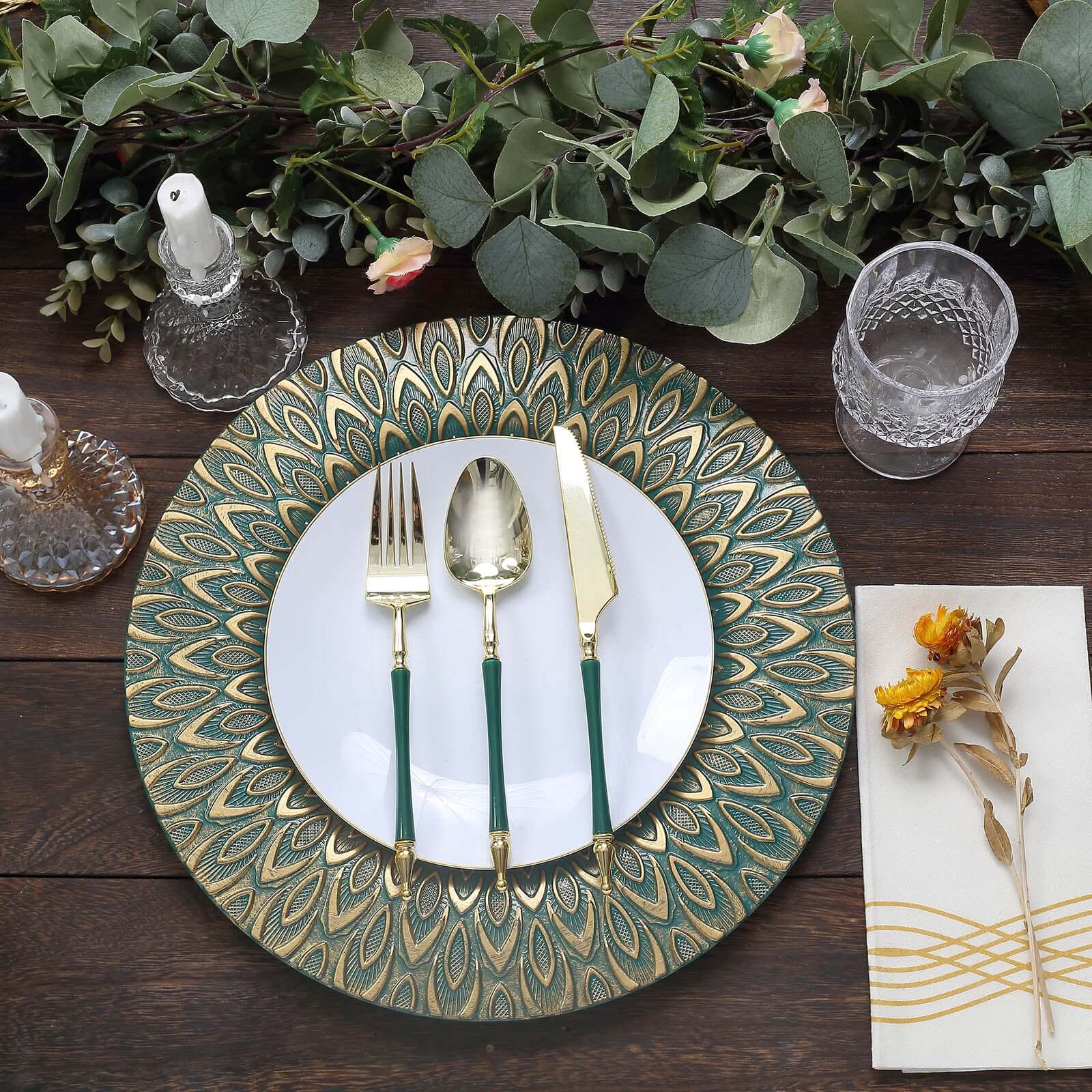 6-Pack Plastic Round Charger Plates 13" in Teal with Gold Embossed Peacock Pattern, Stylish Disposable Charger Tableware