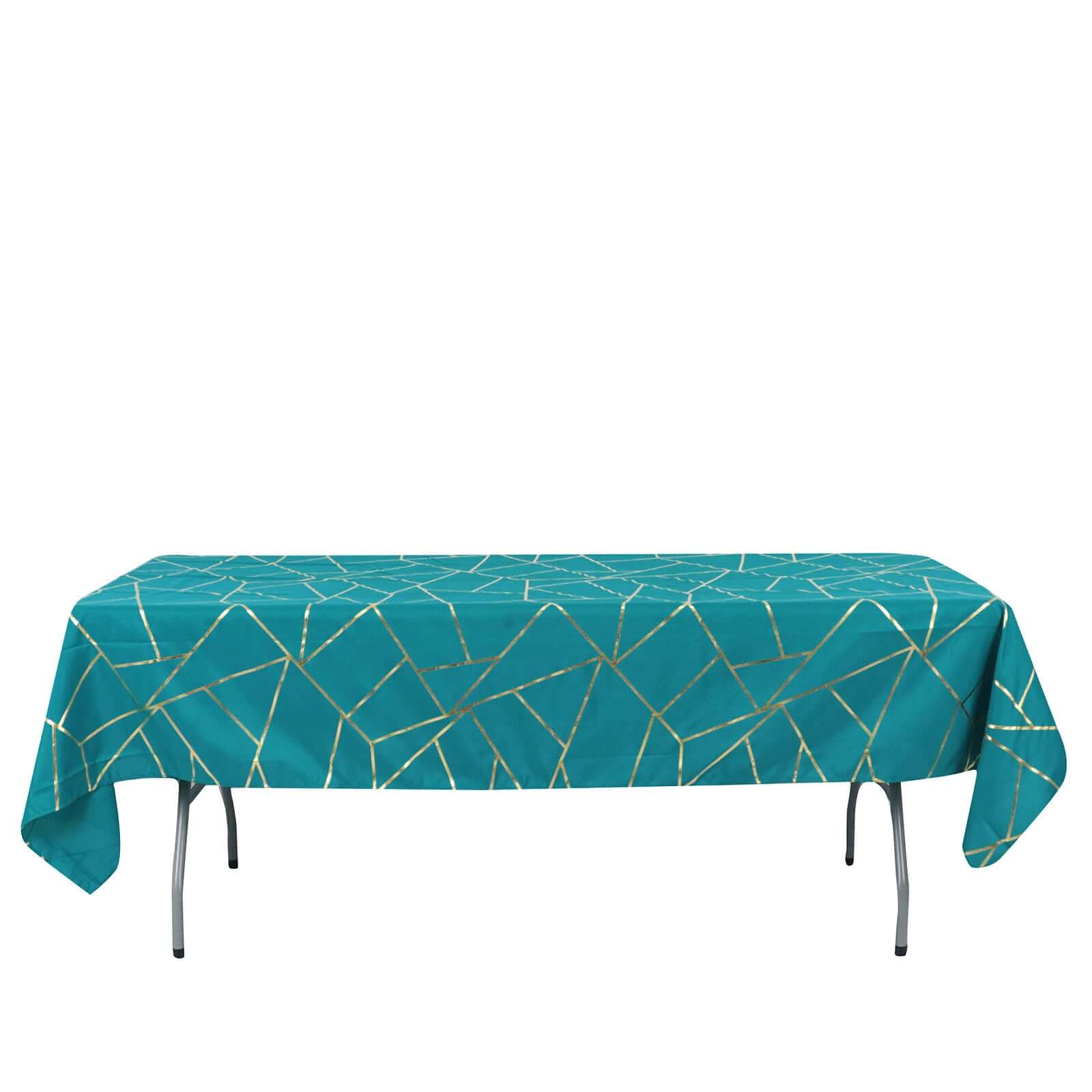 Polyester 60"x102" Rectangle Tablecloth Teal with Gold Foil Geometric Pattern - Wrinkle-Resistant & Durable Table Cover