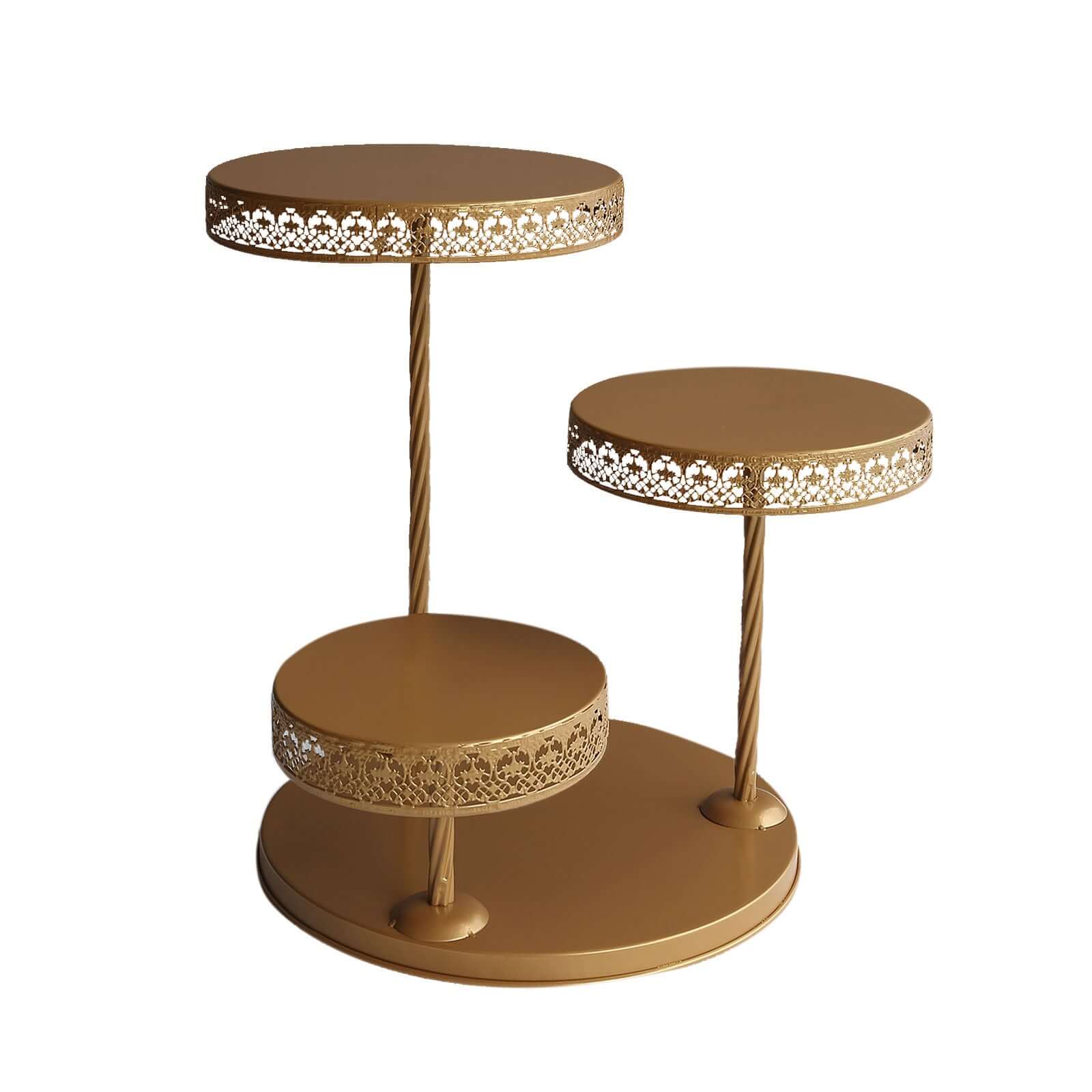 3-Tier Dessert Stand Hollow Lace Round Design Gold - Cupcake Tower and Tiered Cake Display Metal 21"