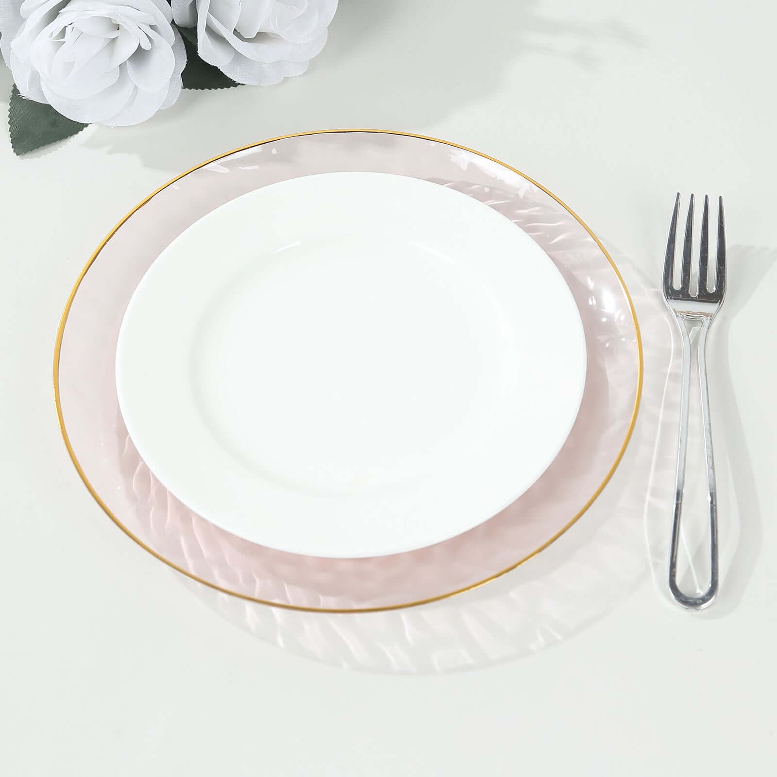 10-Pack Plastic 9" Round Dinner Plates in Transparent Blush Hammered Design with Gold Rim - Modern Disposable Party Plates