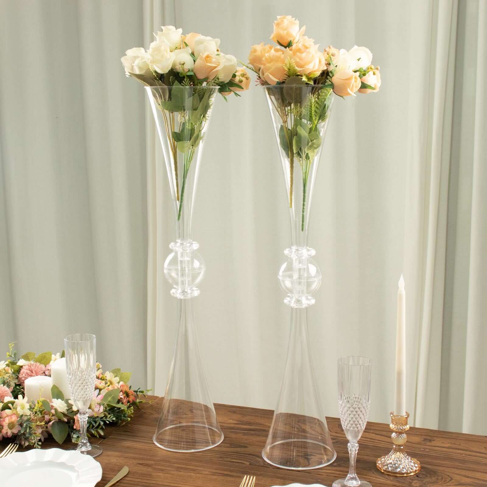 2-Pack Flower Vases Trumpet Design with Crystal Embellishments Clear - Reversible Plastic Centerpieces for Events 27"