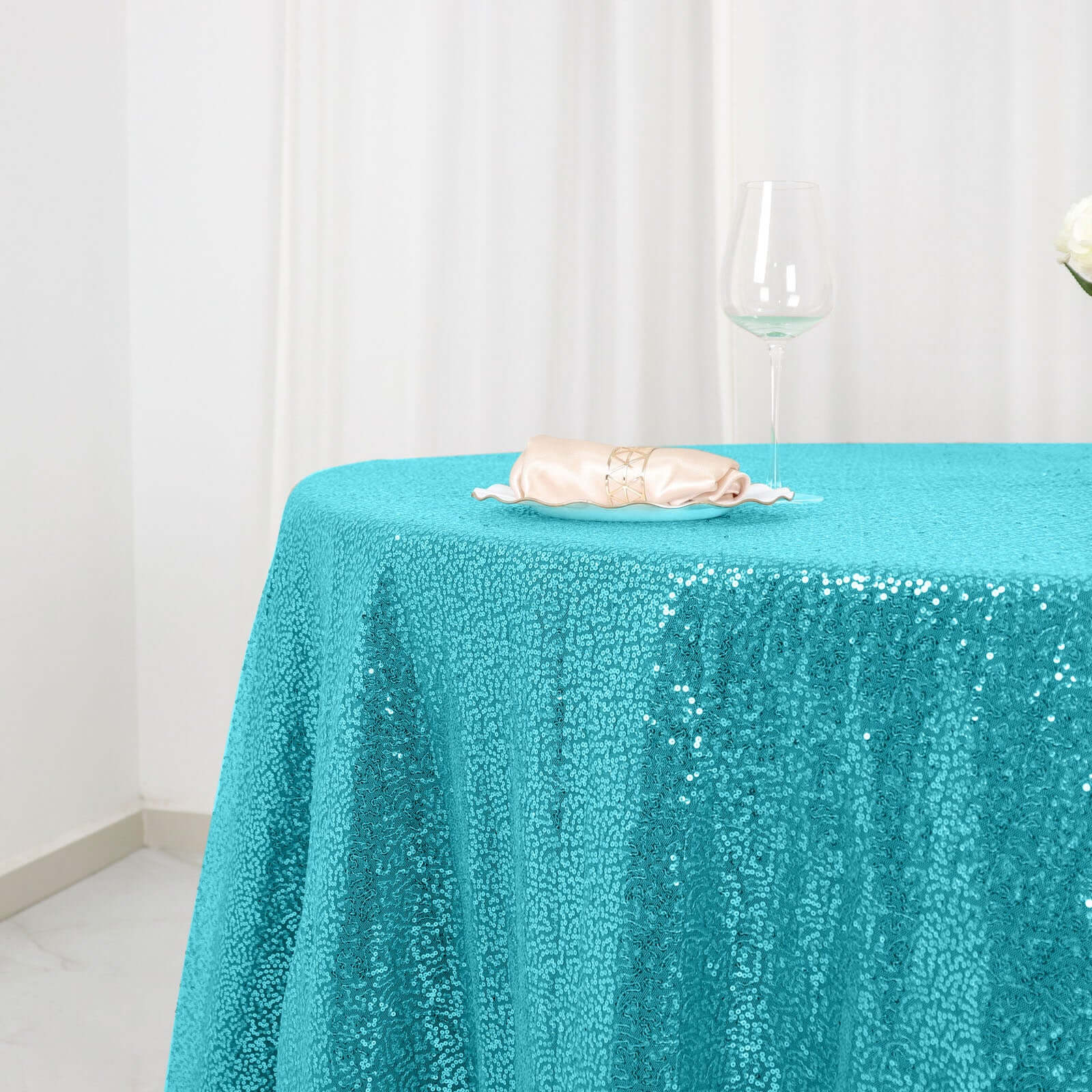 Sequin 120" Round Tablecloth Turquoise - Seamless Glittering Table Cover