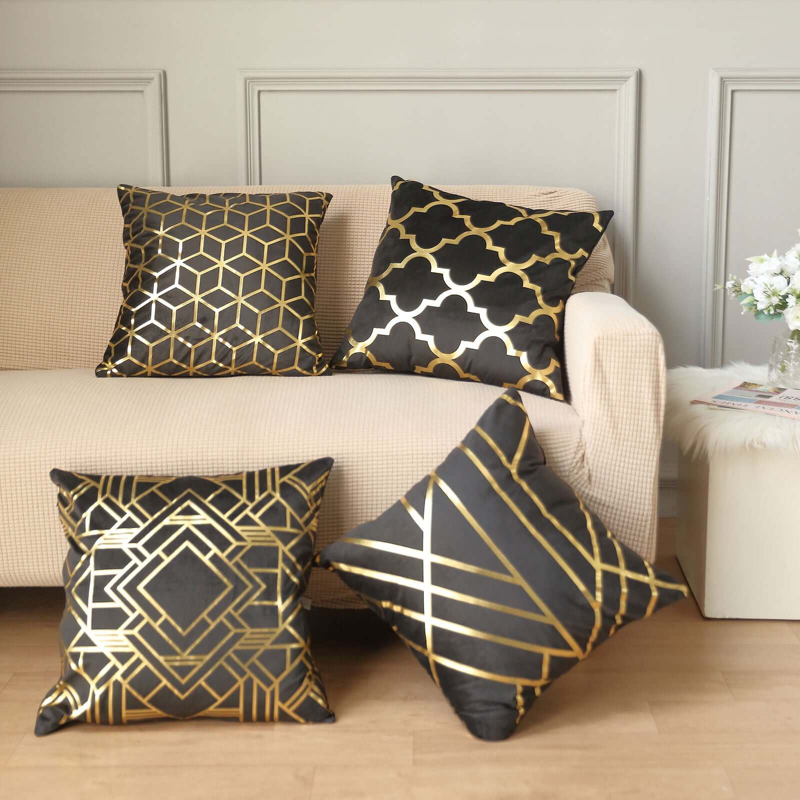 Set Of 4 18" Black Gold Foil Geometric Print Throw Pillow Covers, Velvet Square Sofa Cushion Covers