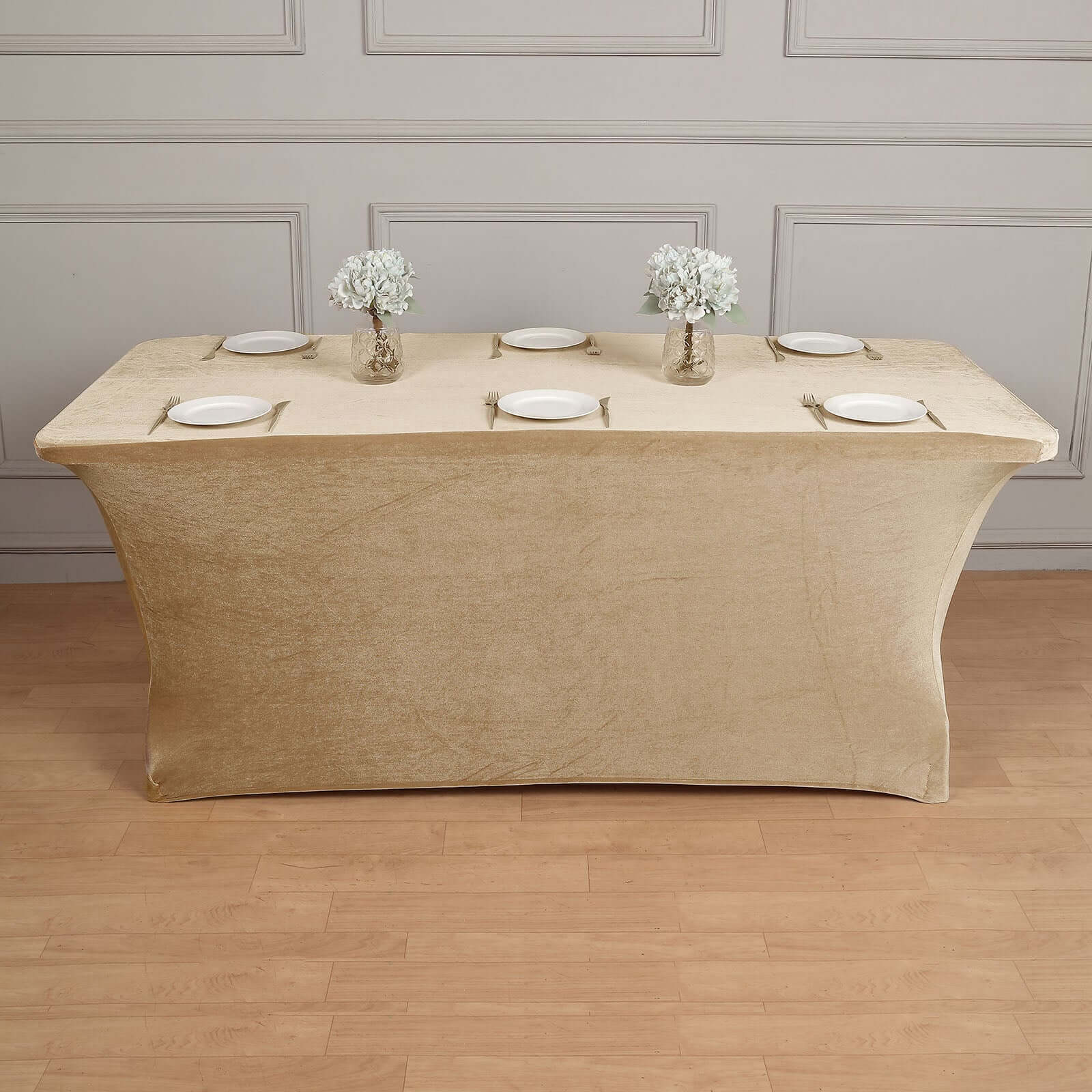 Velvet Spandex 6ft Rectangle Tablecloth Champagne - Fitted Wrinkle-Free Design for 72"x30" Tables