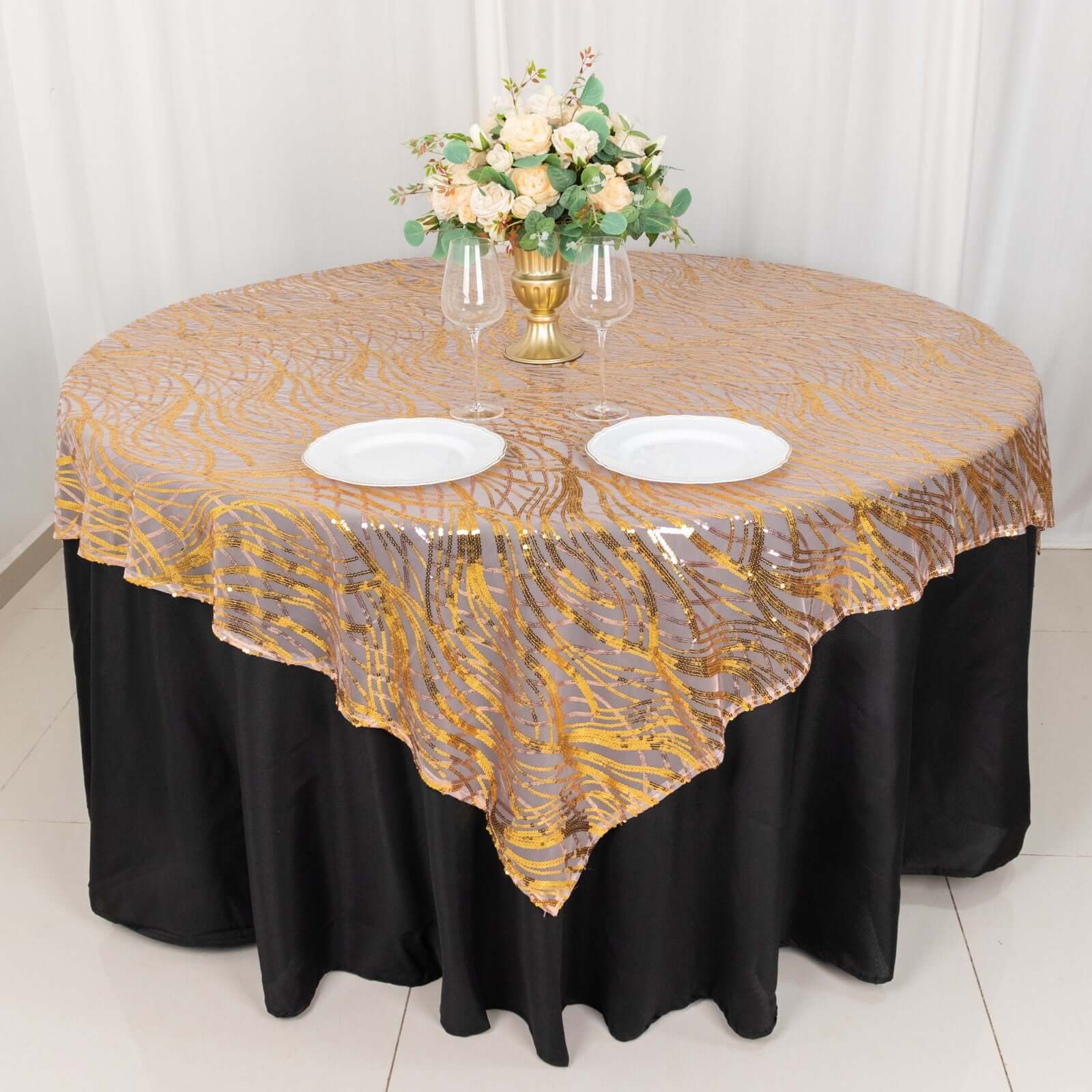 Mesh 72"x72" Table Overlay Square Tablecloth Rose Gold/Gold - Wave Embroidered Sequins Table Topper
