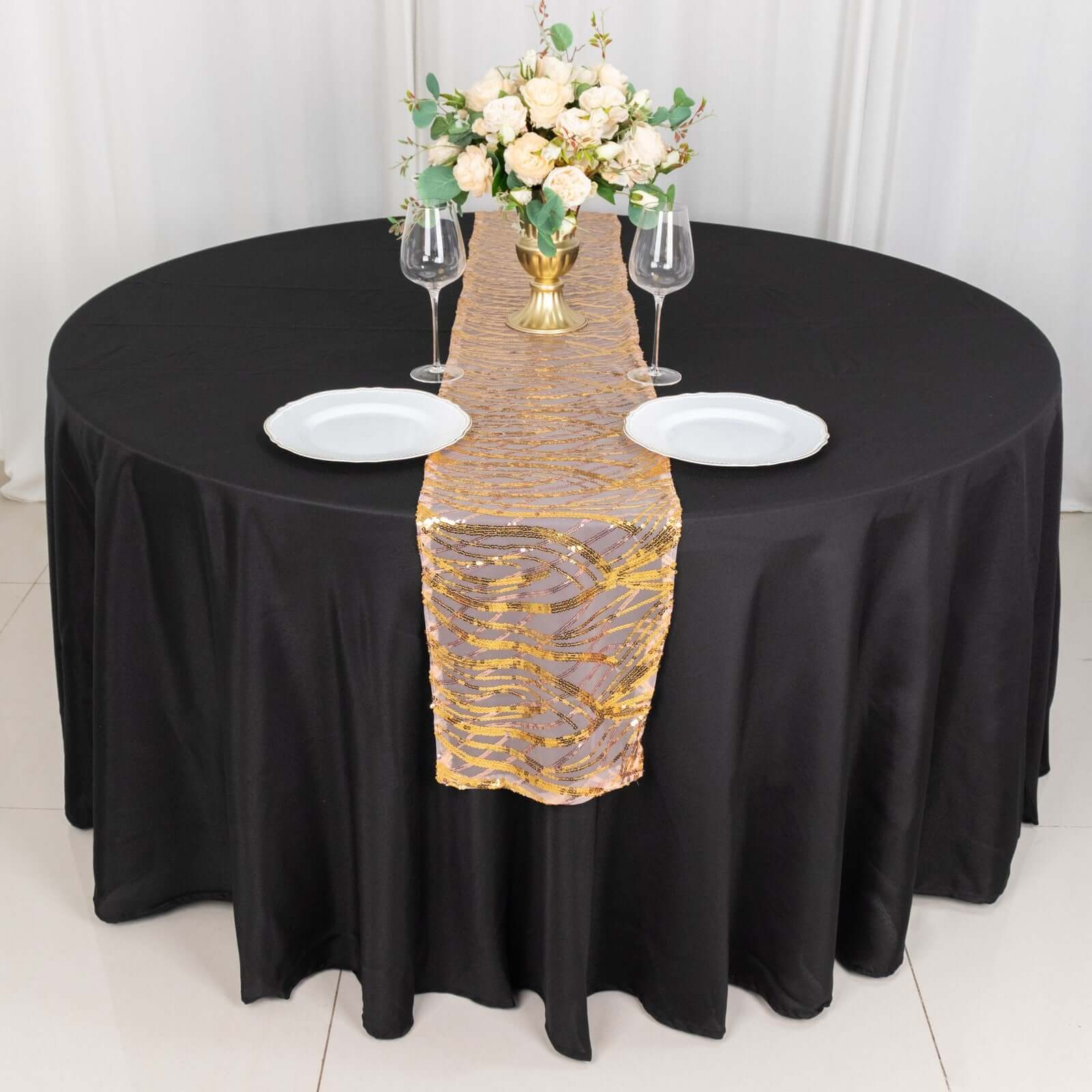 Sequin Mesh 12"x108" Table Runner Rose Gold/Gold Stylish Wave Embroidery