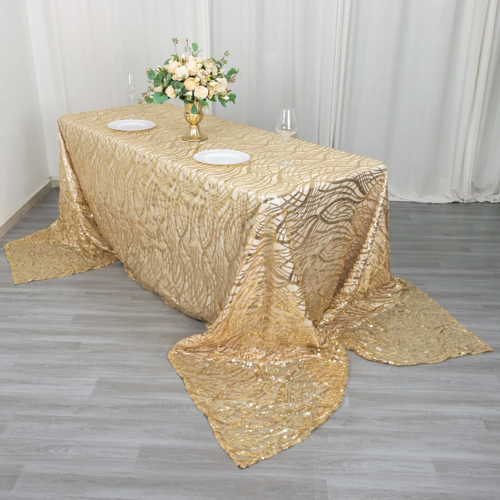 Mesh 90"x156" Rectangle Tablecloth Champagne - Wave Sequin Embroidered Table Cover