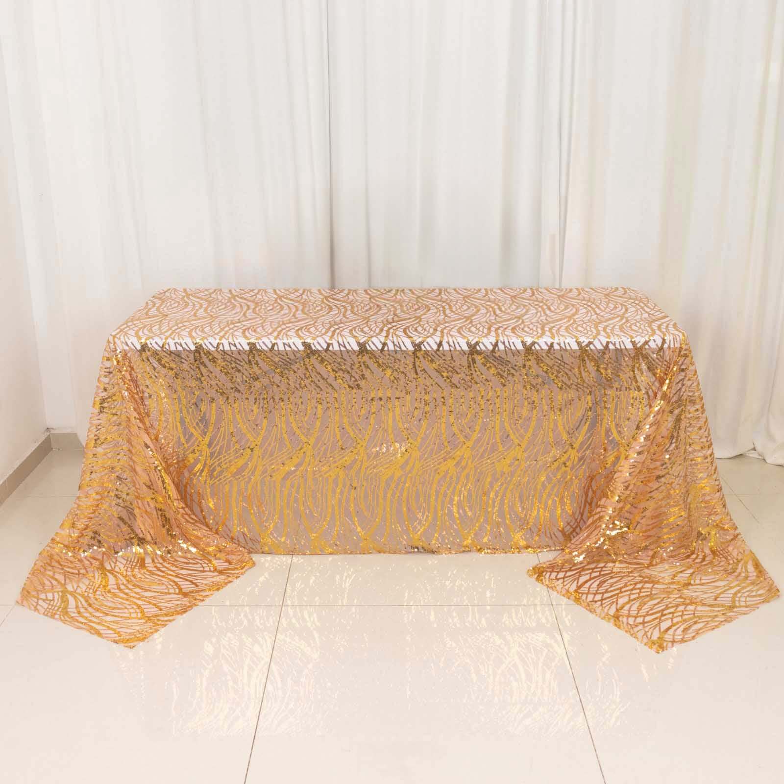 Mesh 90"x156" Rectangle Tablecloth Rose Gold/Gold - Wave Sequin Embroidered Table Cover