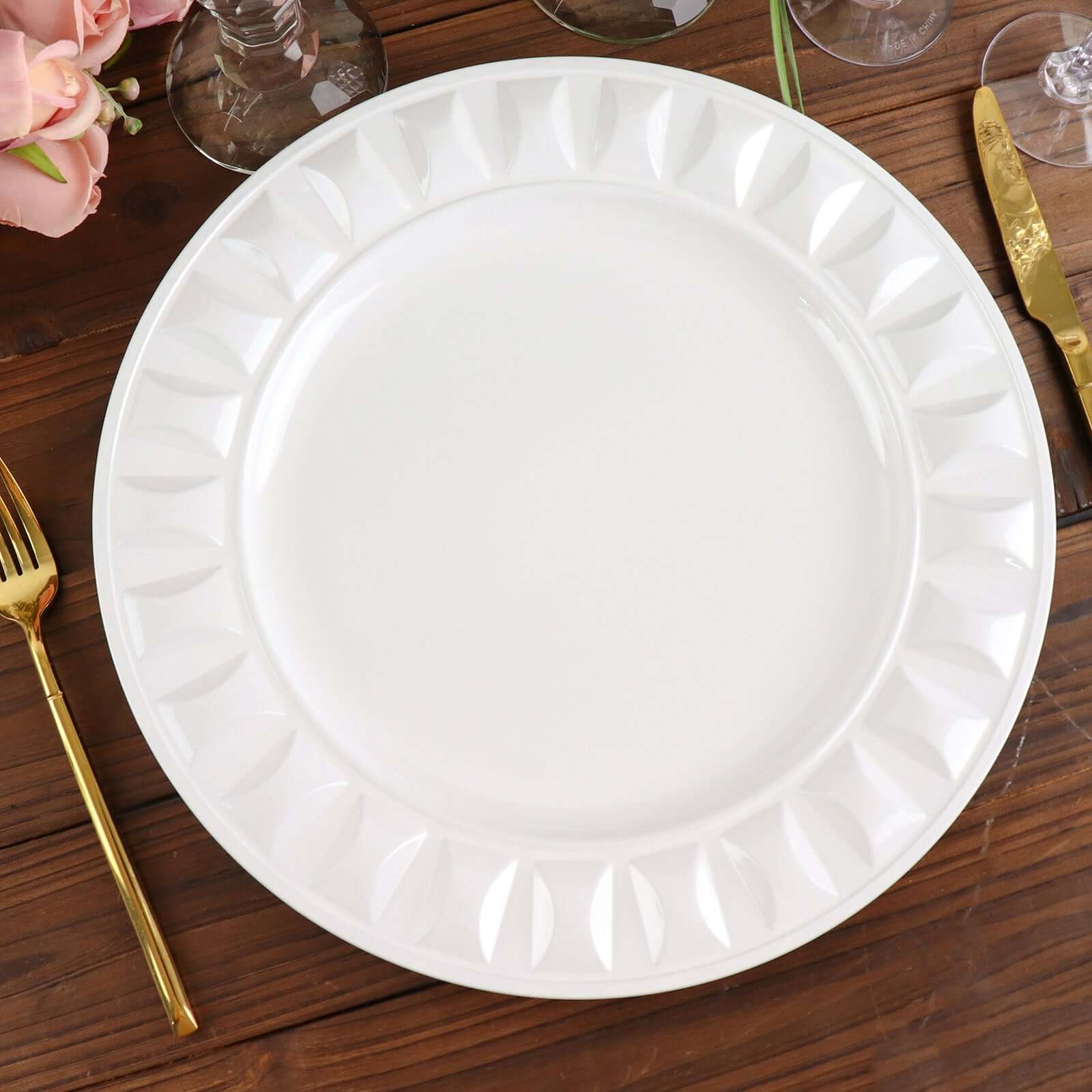 6-Pack Plastic Round Charger Plates 13" in White with Bejeweled Rim, Luxe Decorative Dinner Party Charger Tableware
