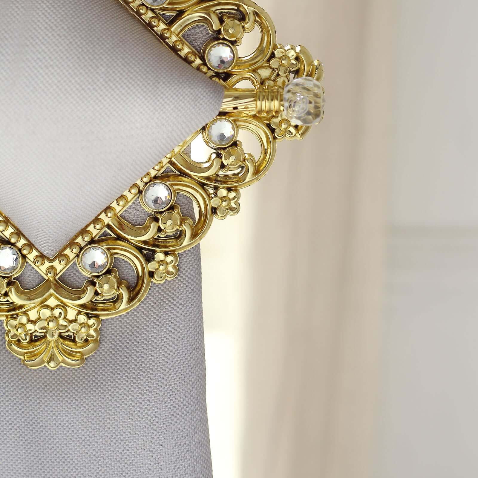 Set of 2 7" Gold Barrette Style Diamond Backdrop Drapery Holdbacks, Square Acrylic Crystal Curtain Brooch Tie Backs