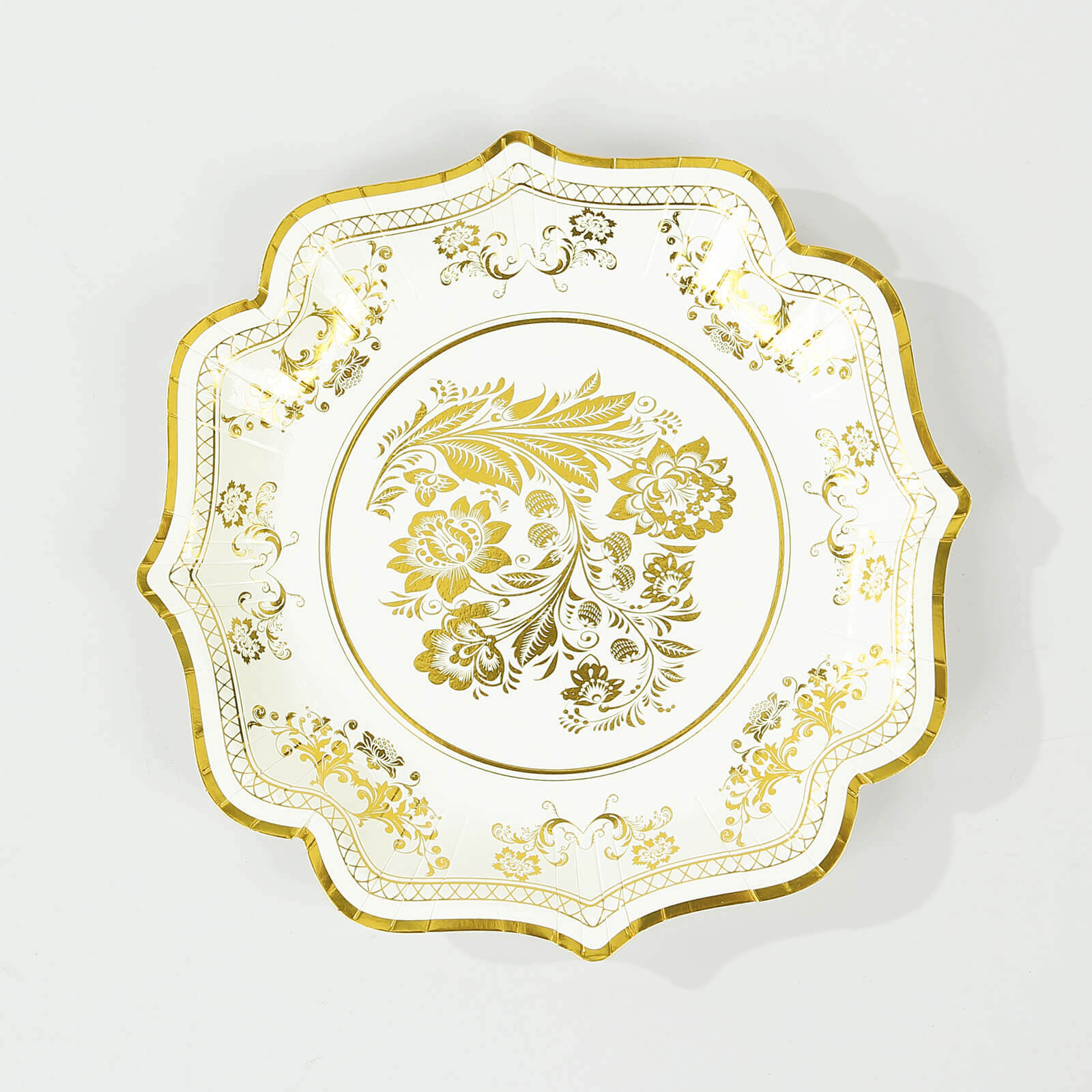 25-Pack Paper Dinner Plates in White Gold Damask Floral Print & Scallop Rim - Stylish Disposable 300GSM Floral Party Plates 10"