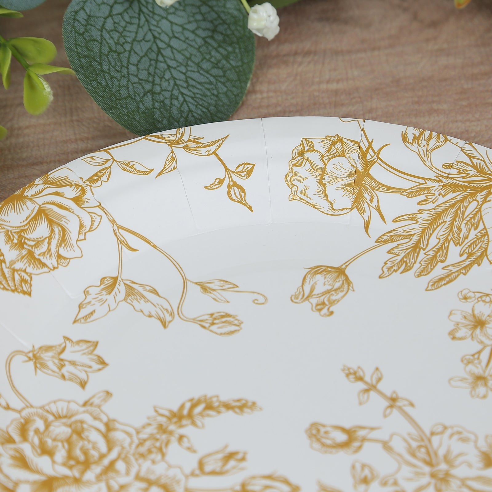 25-Pack Paper 7" Round Dessert Plates in White with Gold French Toile Pattern - Disposable Floral Salad Appetizer Plates for Chic Event Decor
