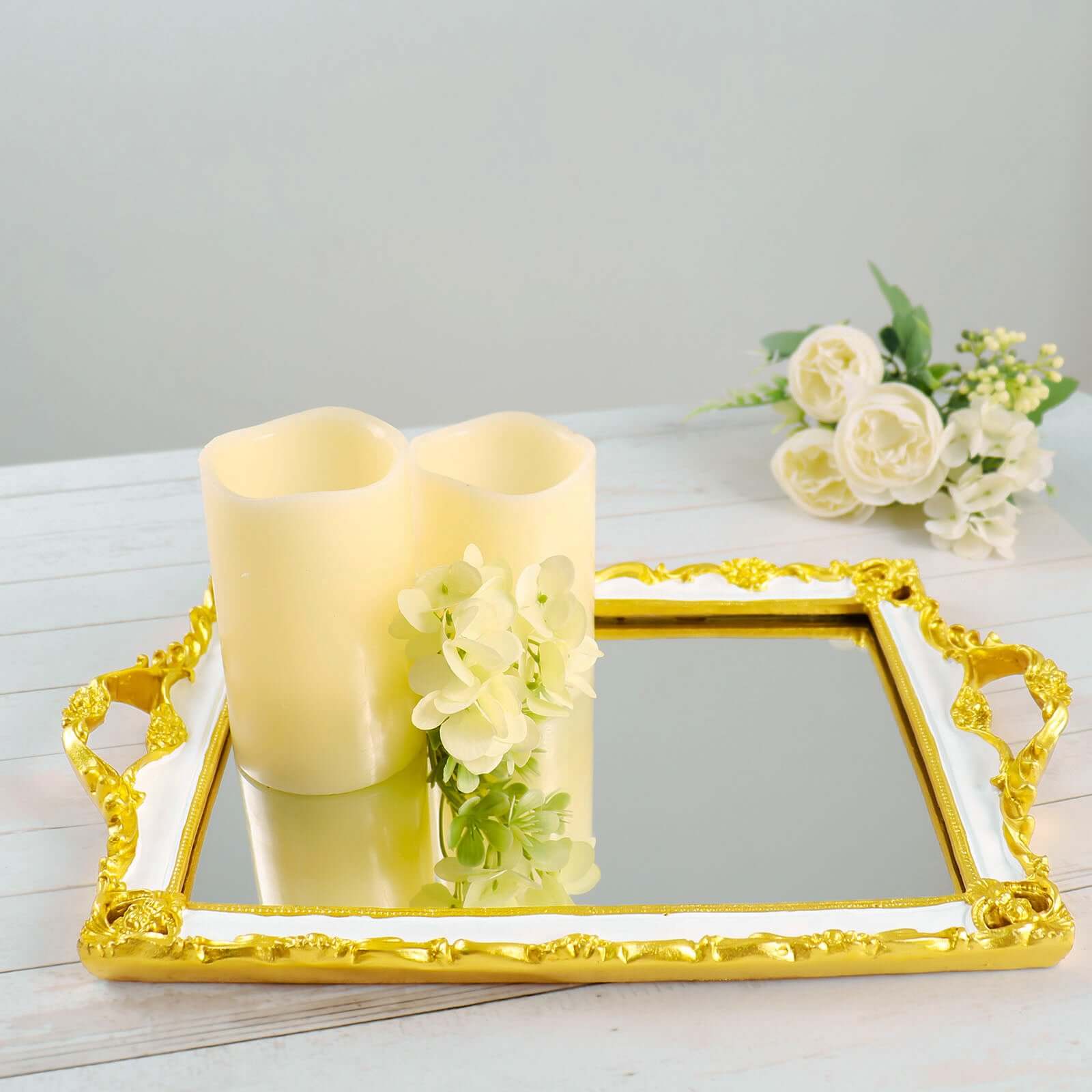 Resin Mirrored Rectangle Serving Tray 15"x10" in White with Gold Baroque Design, Stylish Decorative Vanity Tray Centerpiece