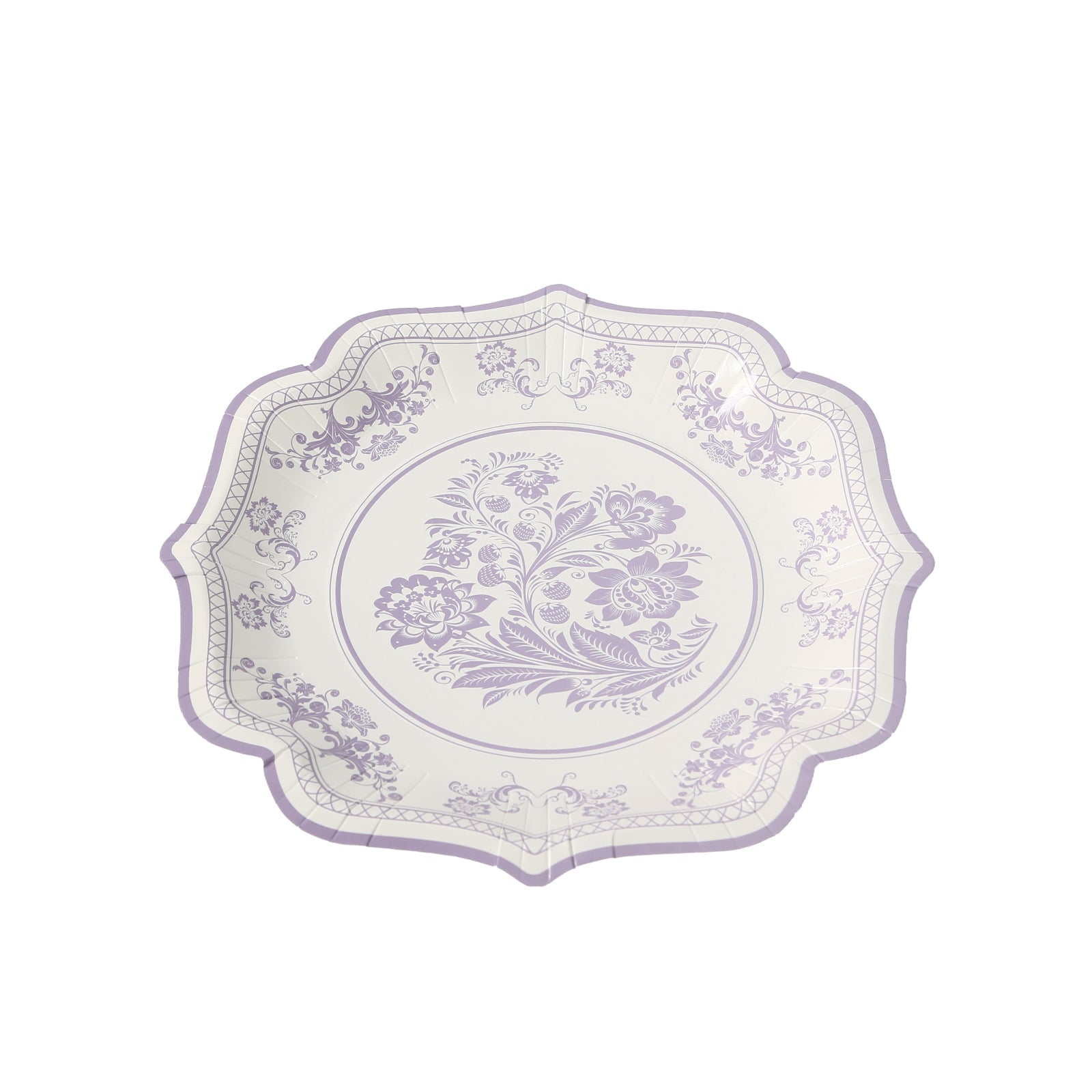 25-Pack Paper Dessert Plates in White with Lavender Lilac Damask Floral Print & Scallop Rim - Stylish Disposable 300GSM Floral Salad Appetizer Plates 8"
