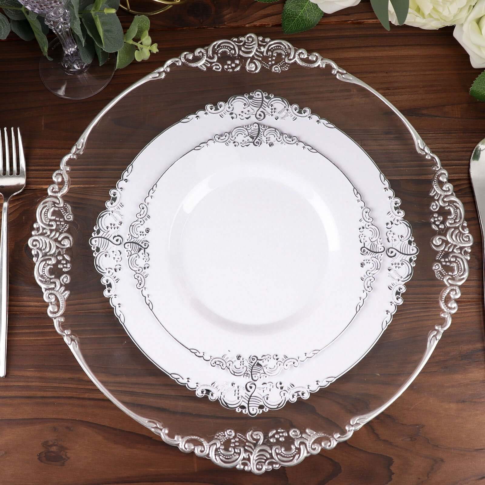 10-Pack Plastic 10" Round Dinner Plates in White with Silver Leaf Embossed Rim - Disposable Vintage Baroque Style Plates