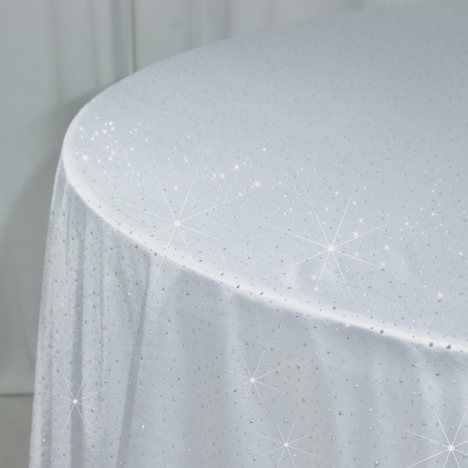 Scuba Round Tablecloth 132″ White with Rhinestone Accents – Seamless, Wrinkle-Free, Stain-Resistant Event Linen