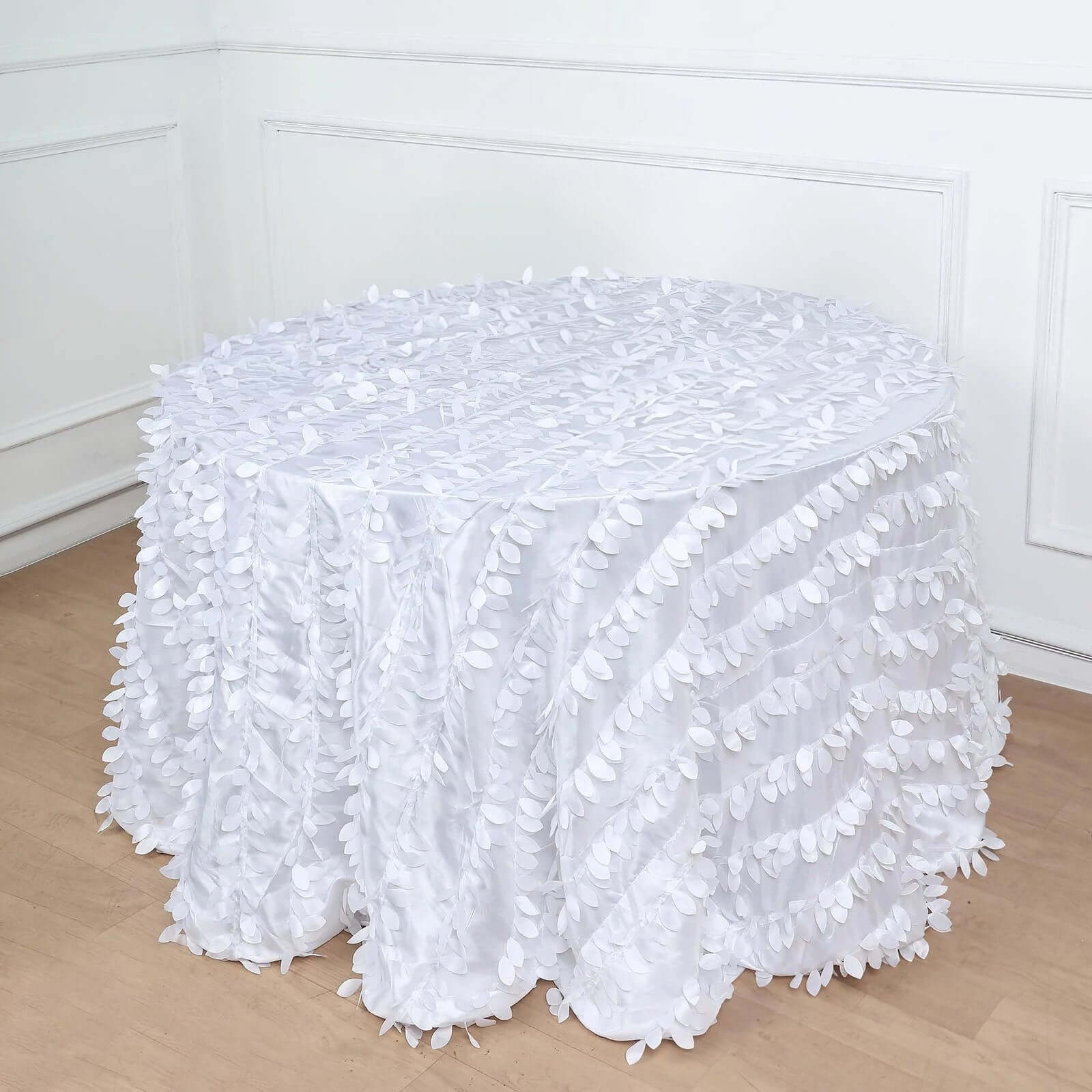 Taffeta 132" Round Tablecloth White 3D Leaf Petal Design Seamless Table Cover for Chic Wedding & Event Decor