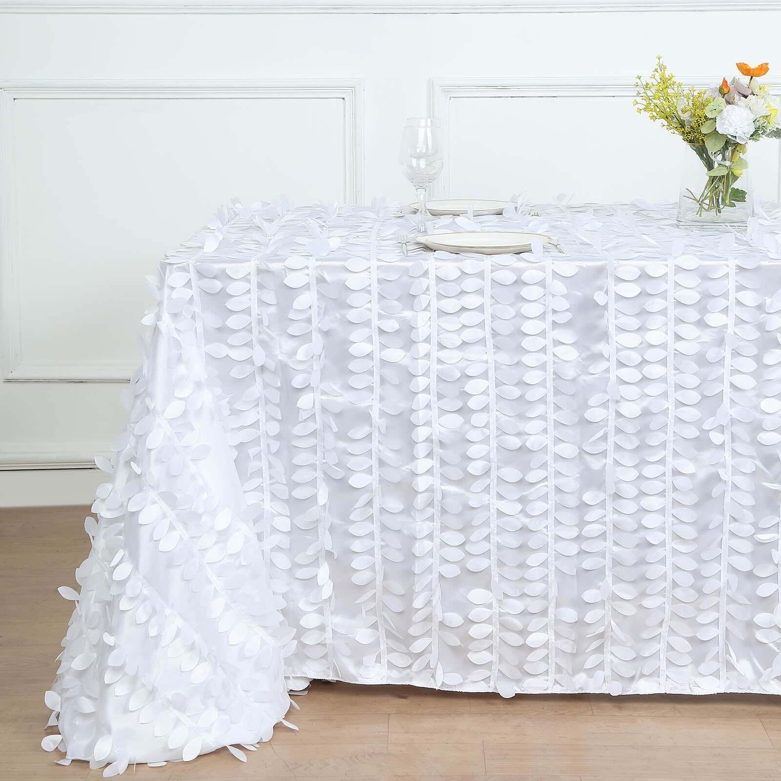 Taffeta 90"x156" Rectangle Tablecloth White | 3D Leaf Petal Design Seamless Table Cover for Stylish Wedding & Event Decor
