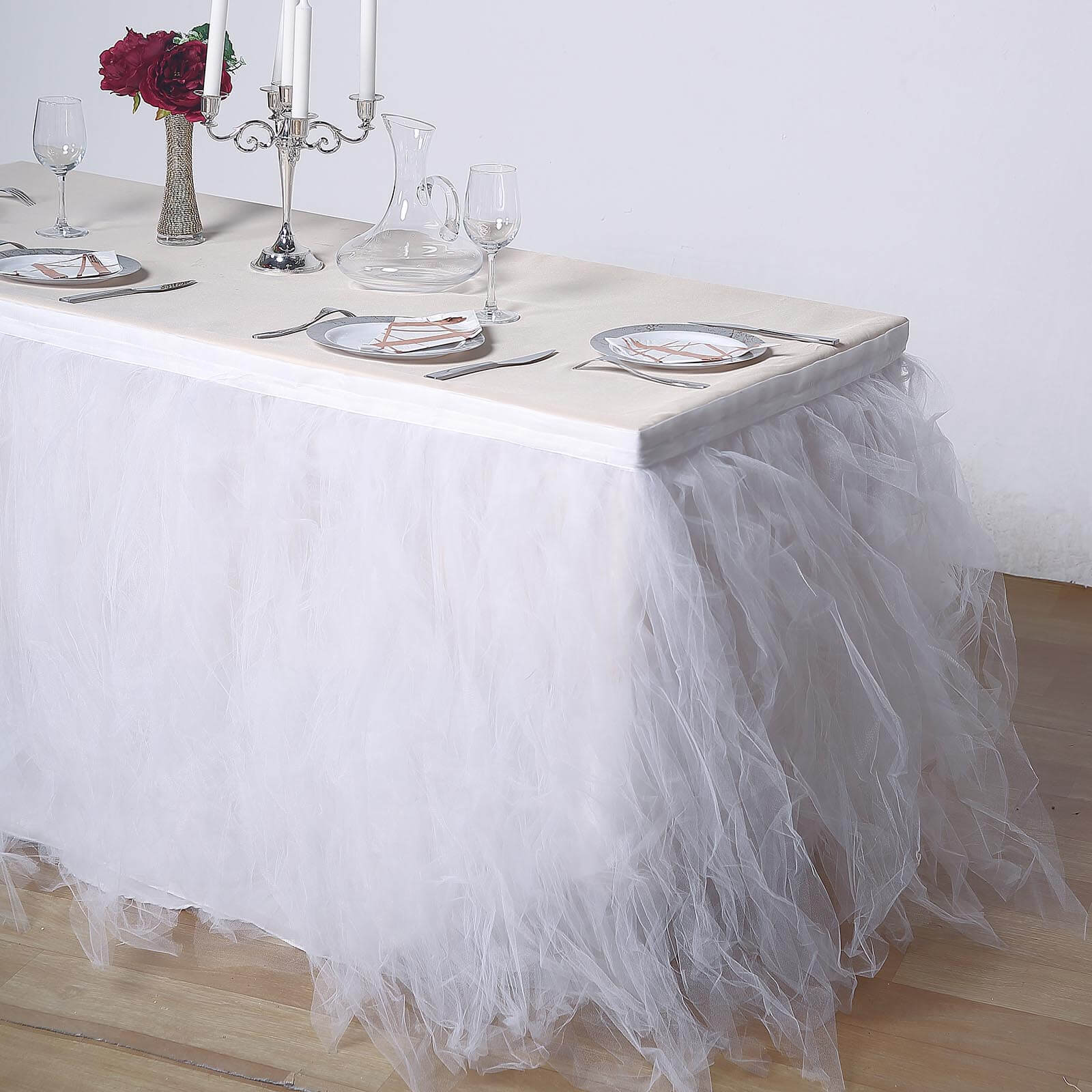 Tulle 21ft Table Skirt White - 4 Layer Pleated Tutu Chic & Soft Event Table Cover