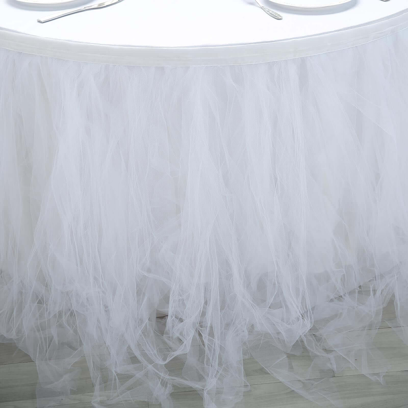 Tulle 14ft Table Skirt White - 4 Layer Pleated Tutu Chic & Soft Event Table Cover