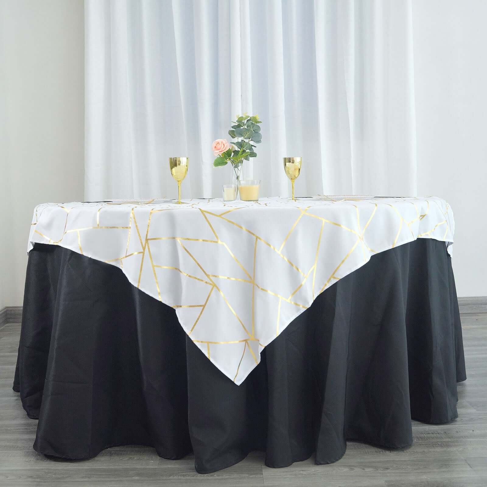 Polyester 54"x54" Square Tablecloth White with Gold Foil Geometric Pattern - Wrinkle-Resistant & Durable for Stylish Settings