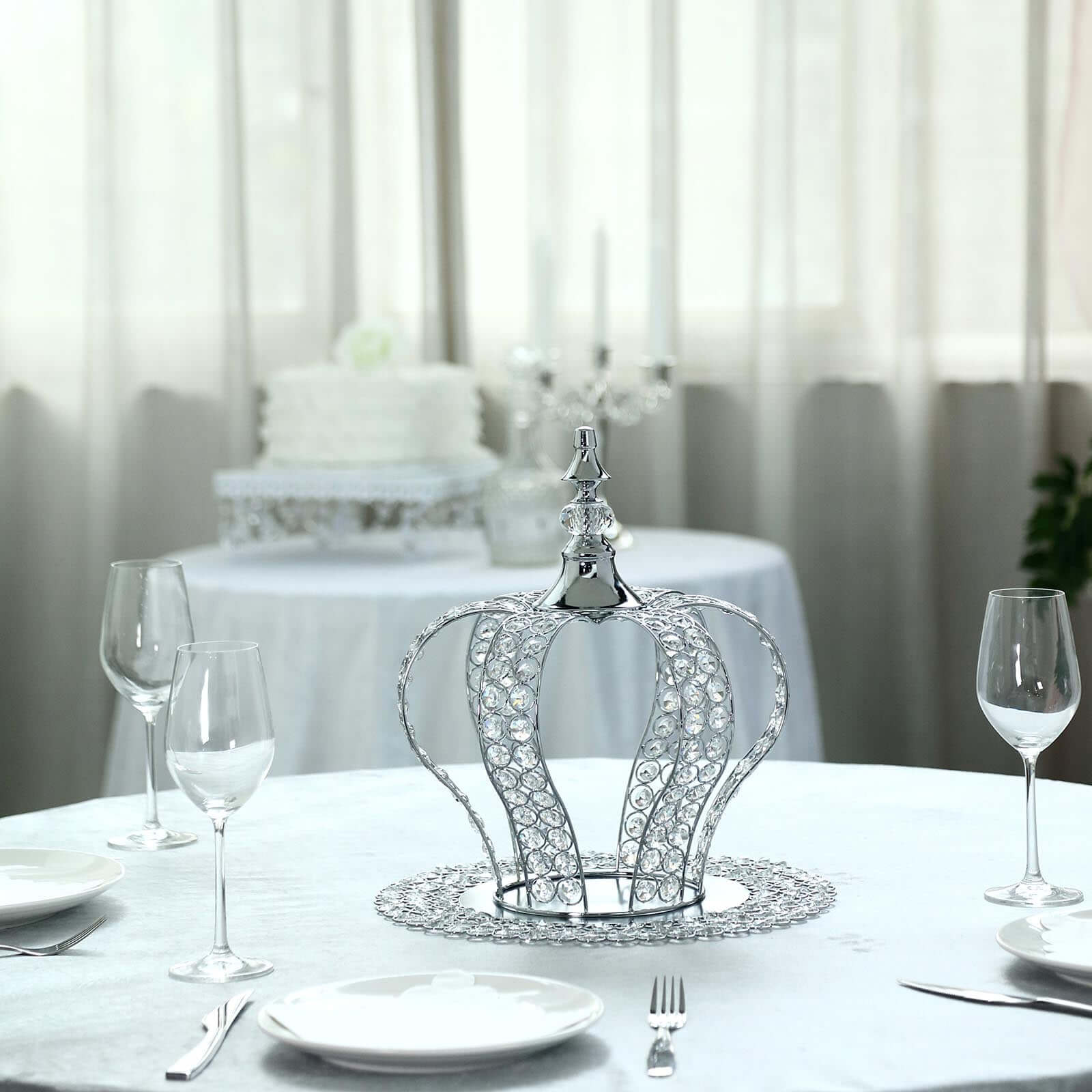 Crystal-Bead Royal Crown Cake Topper Metallic Silver - Dazzling Cake Centerpiece Decor for Luxurious Birthdays Receptions & Romantic Celebrations 14"