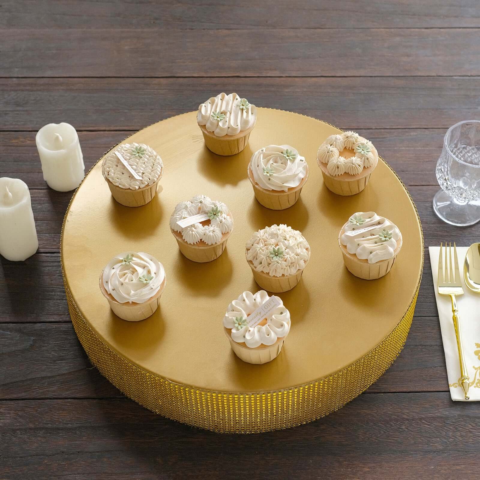 Metal Pedestal Cake Stand Round Design with Rhinestones Gold - Cupcake Holder and Dessert Table Centerpiece 16"