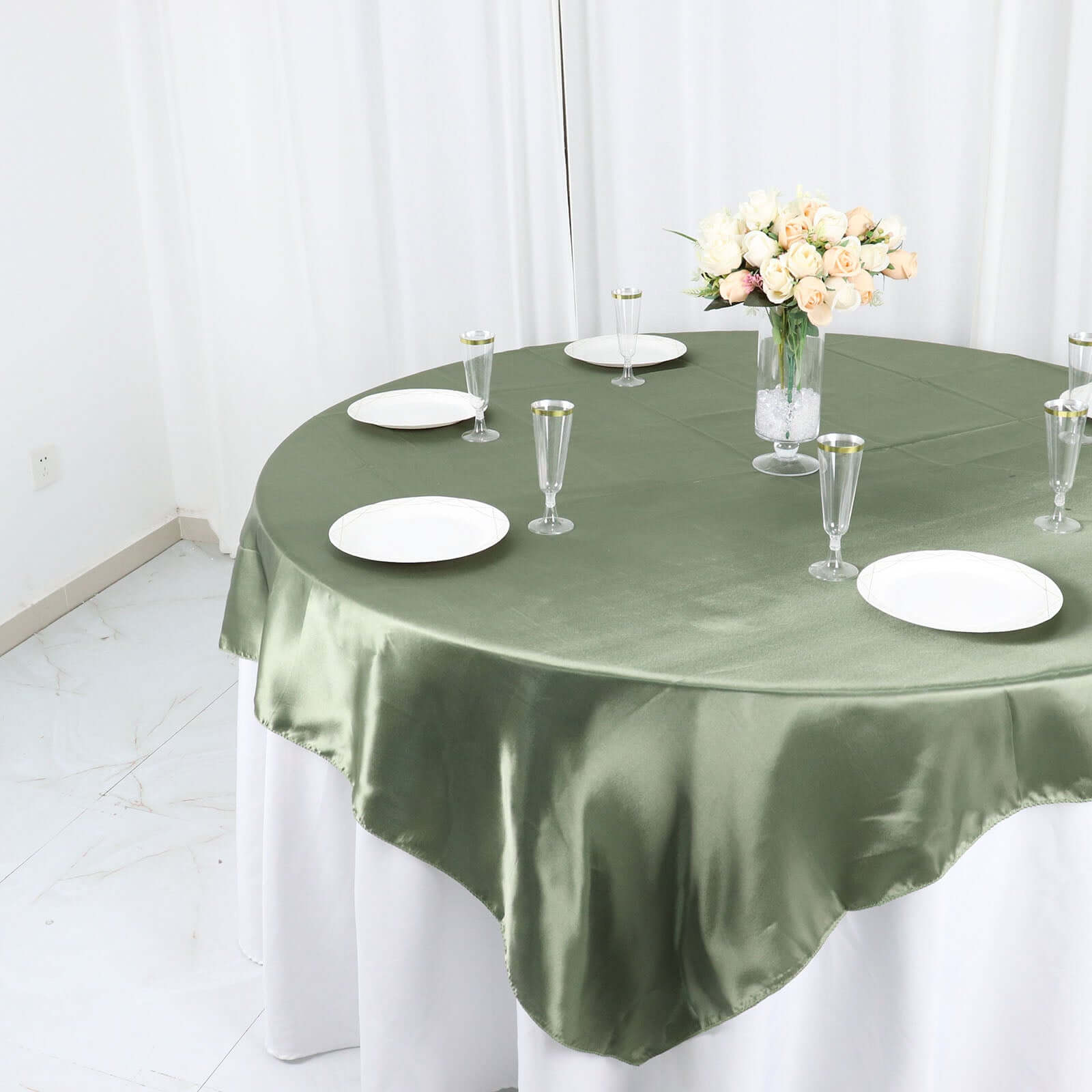 Satin 72"x72" Table Overlay Square Tablecloth Dusty Sage Green - Smooth Finish Table Cover