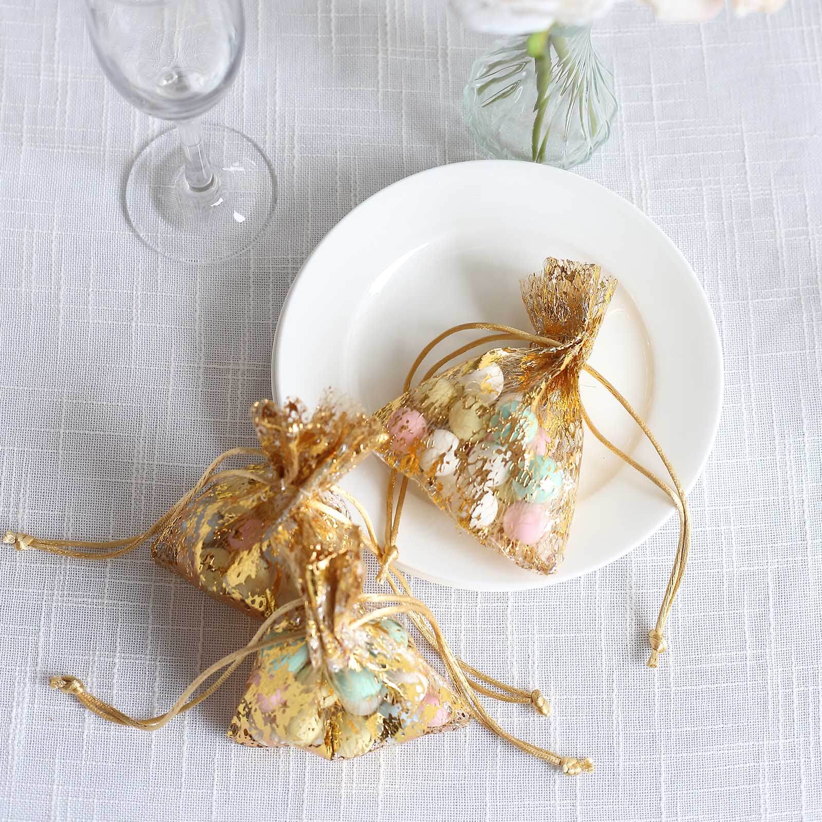 12 Pack Metallic Gold Foil Polyester Drawstring Candy Bags, Wedding Party Favor Bags - 4"x5"