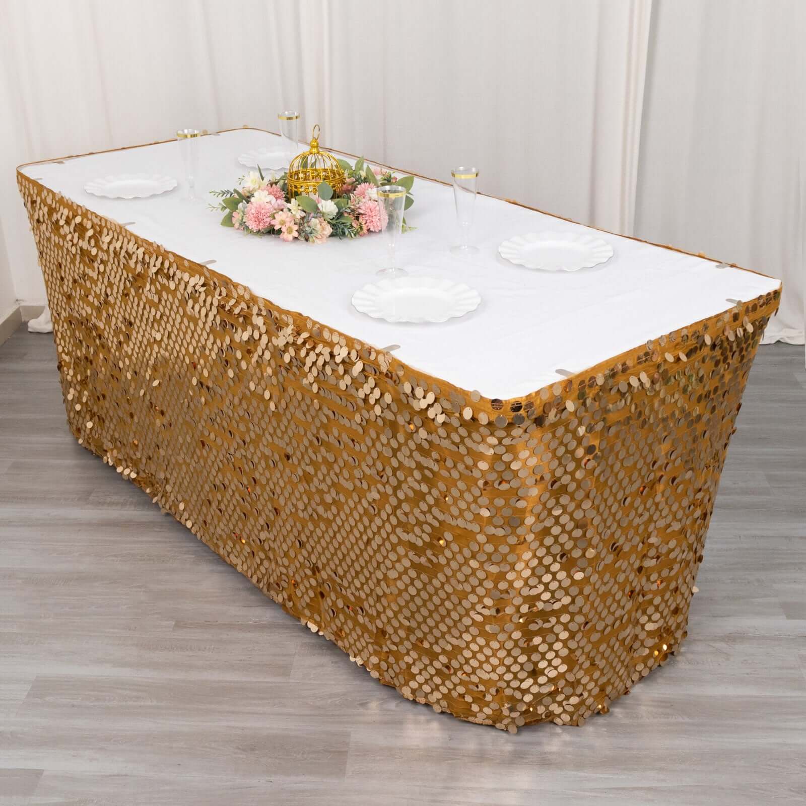 Payette Sequin 21ft Table Skirt Gold - Dual Layered Satin for Shimmering Event Décor