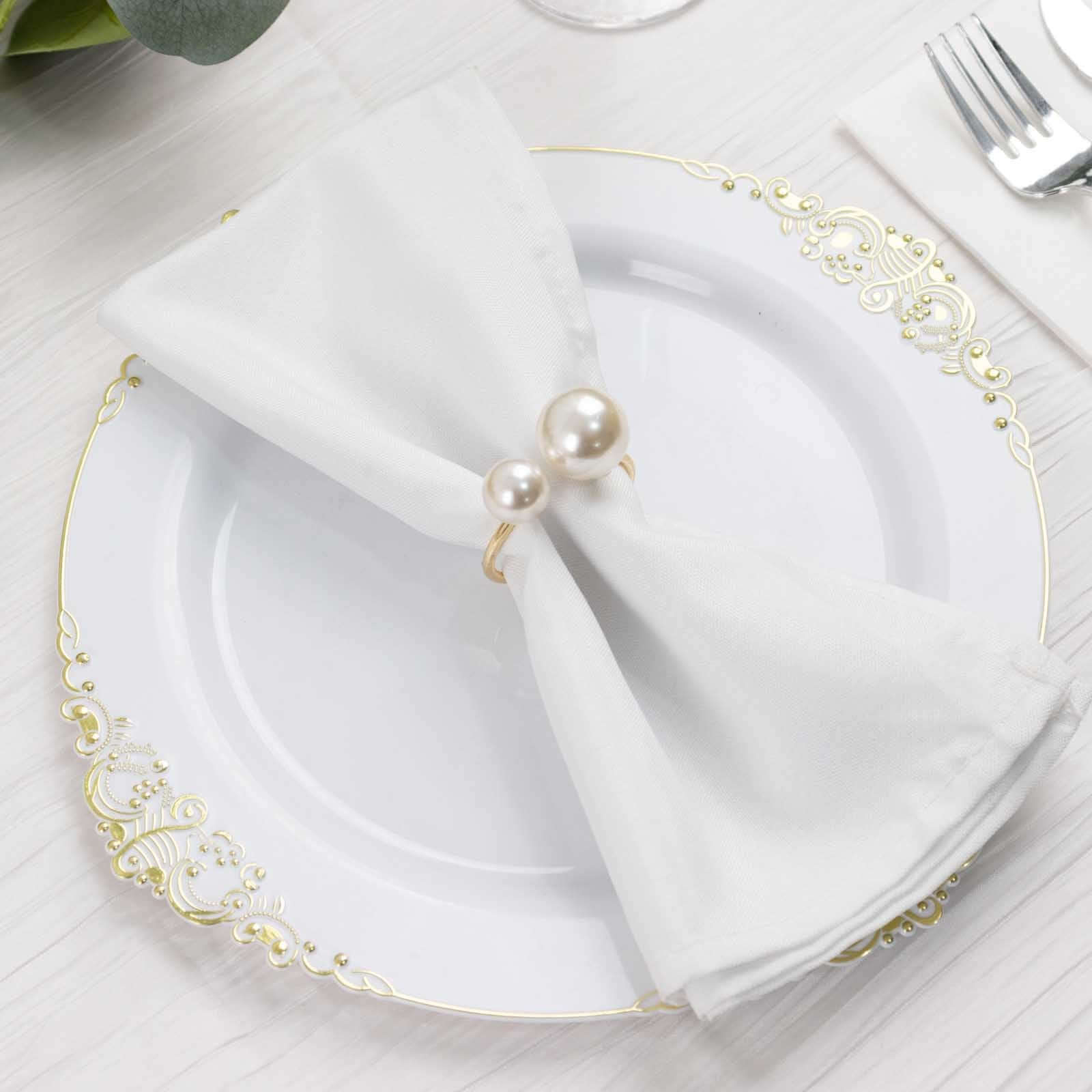 10 Pack White Pearl Gold Metal Napkin Holders Dining Table Decor, Elegant Round Wedding Napkin Rings - 2.5"