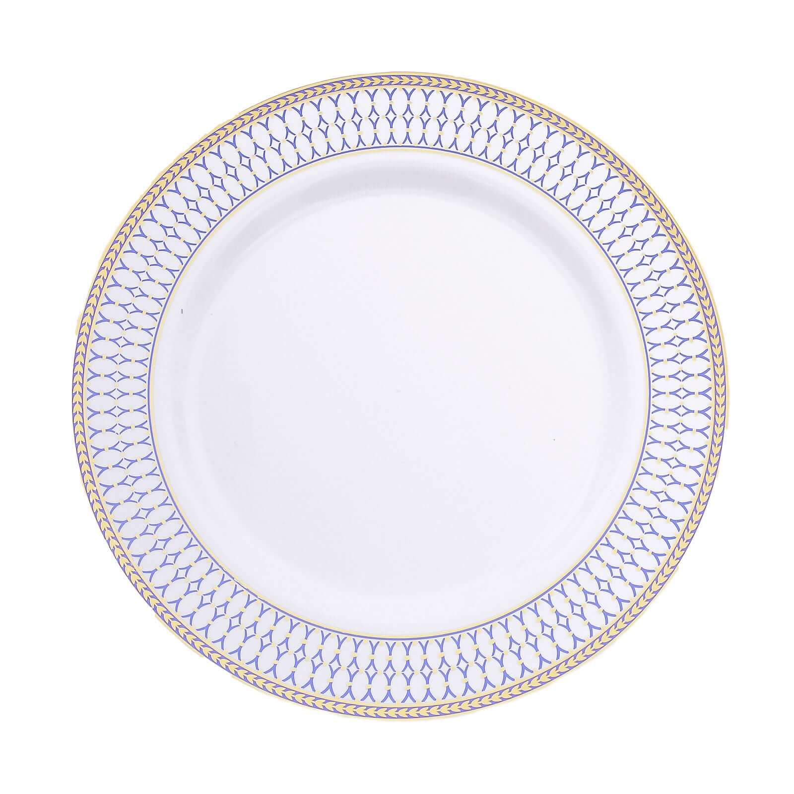 10-Pack Plastic 10" Round Dinner Plates in White with Gold Navy Blue Chord Rim - Renaissance Style Disposable Plates for Events & Banquets