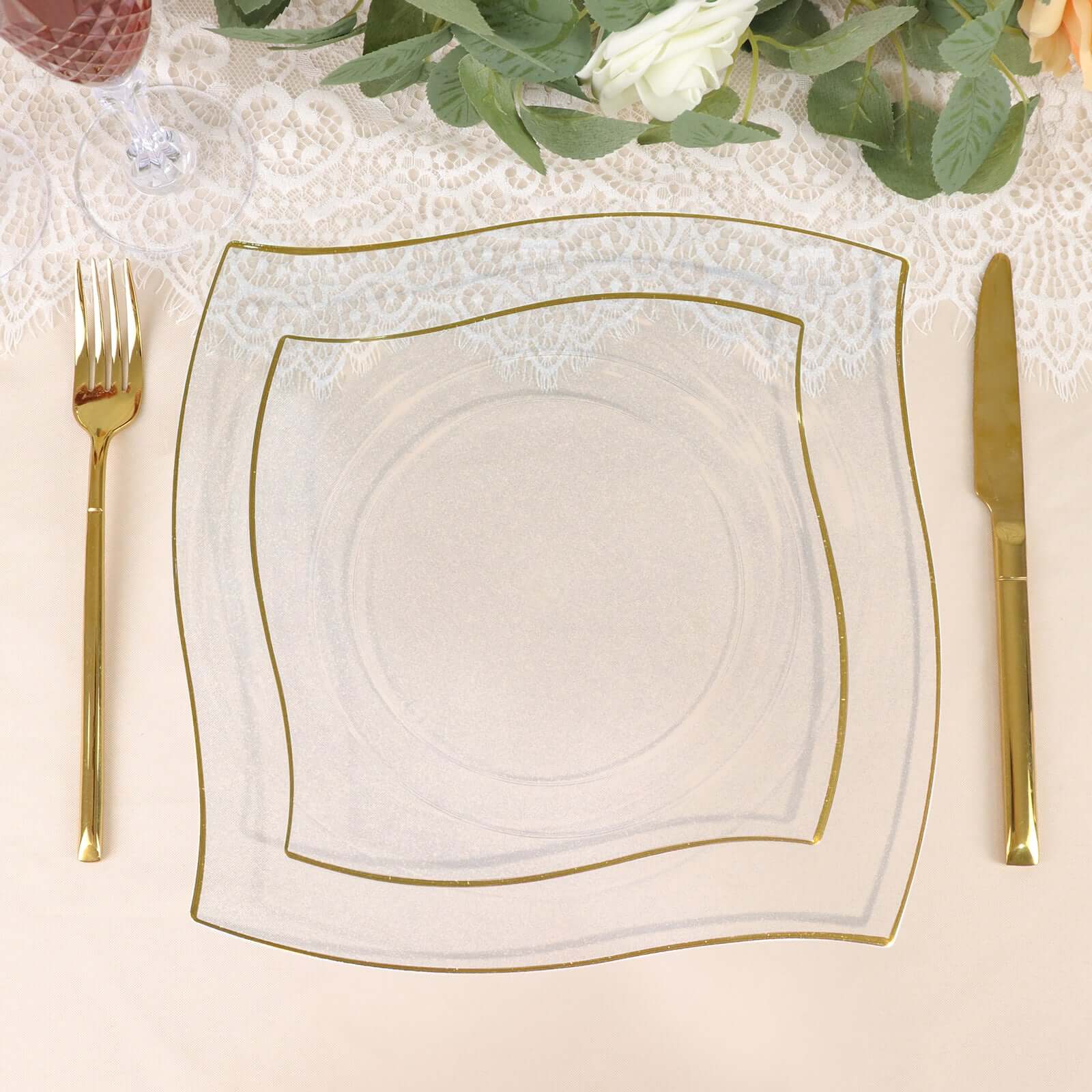 10-Pack Plastic 8" Square Dessert Plates in Clear with Gold Wavy Rim Modern - Disposable Salad Appetizer Party Plates