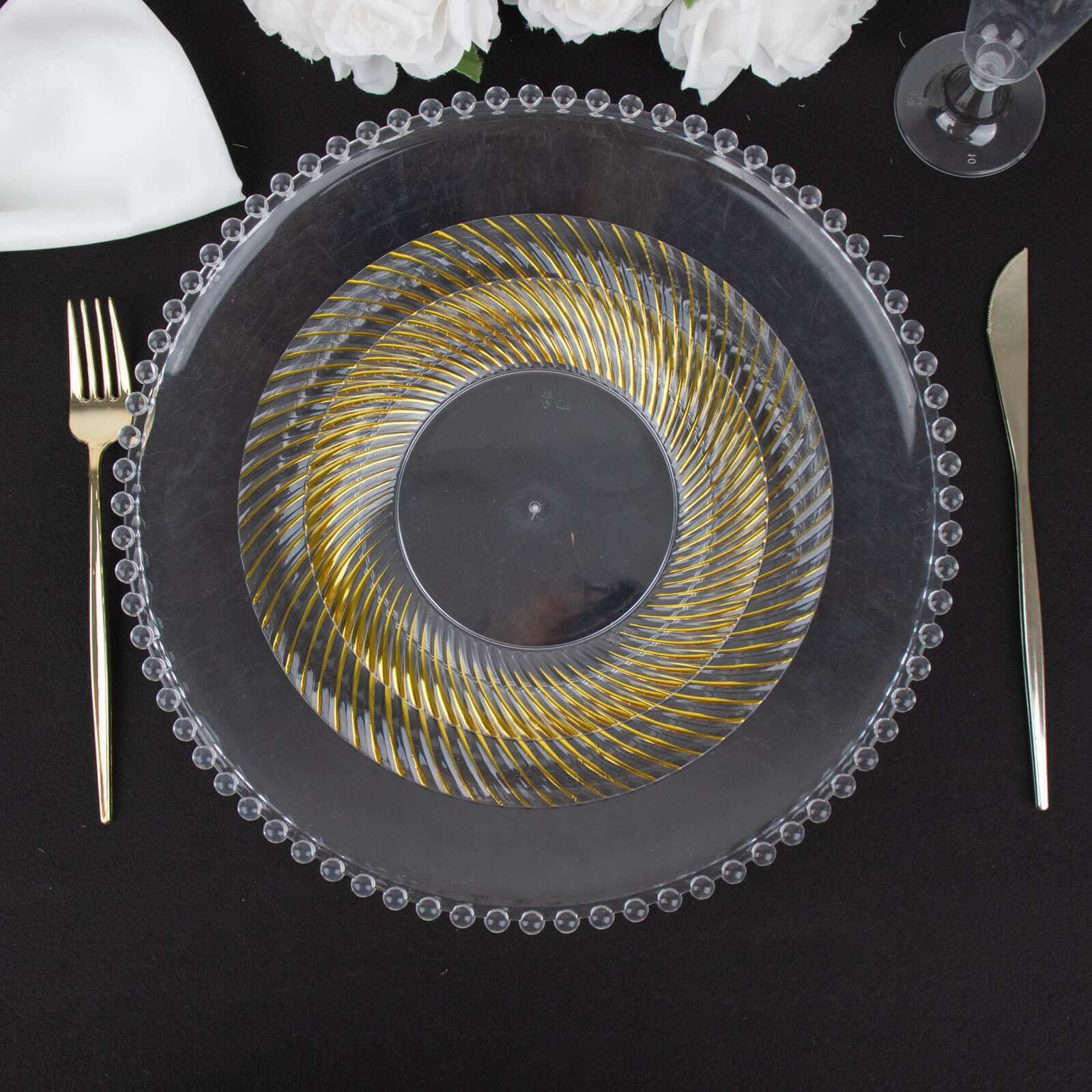 10-Pack Plastic 9" Round Dinner Plates Clear with Gold Swirl Rim - Disposable Party Plates for Classy Events & Banquets