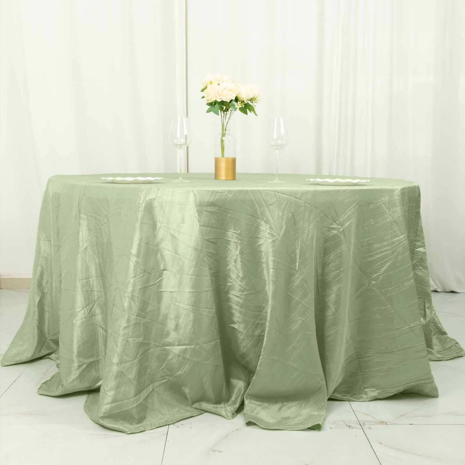 Taffeta 132" Round Tablecloth Sage Green - Seamless Accordion Crinkle Table Cover