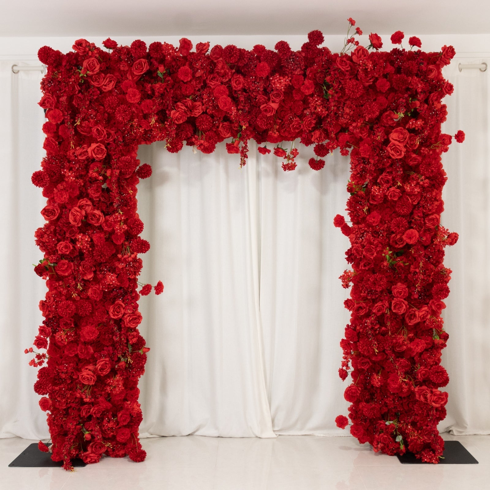 8ftx8ft Roll Up Flower Backdrop for Arch Stand, Red with Fabric Backing - Artificial Silk Roses, Hydrangeas & Chrysanthemums for Weddings