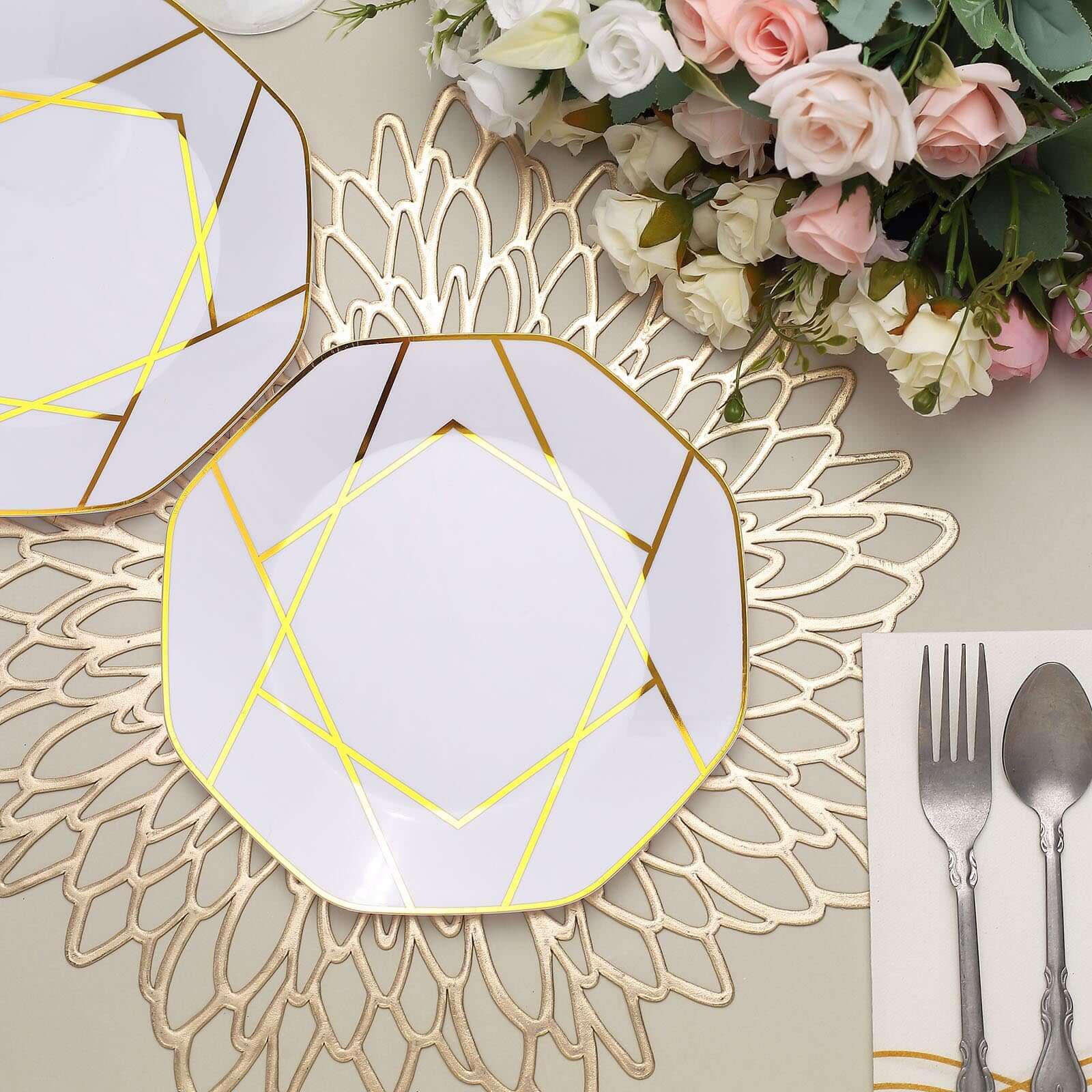 10-Pack Plastic 8" Octagon Dessert Plates in White - Modern Disposable Salad/Appetizer Plates with Gold Geometric Design for Special Occasions & Celebrations