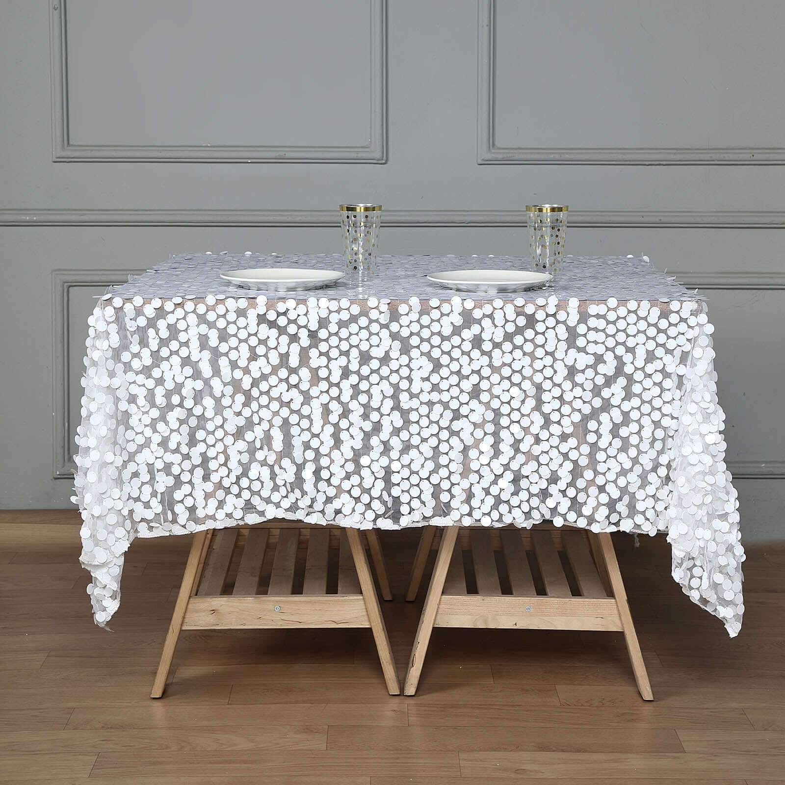 Sequin 72"x72" Table Overlay Square Tablecloth White - Big Payette Design for Classy Celebrations