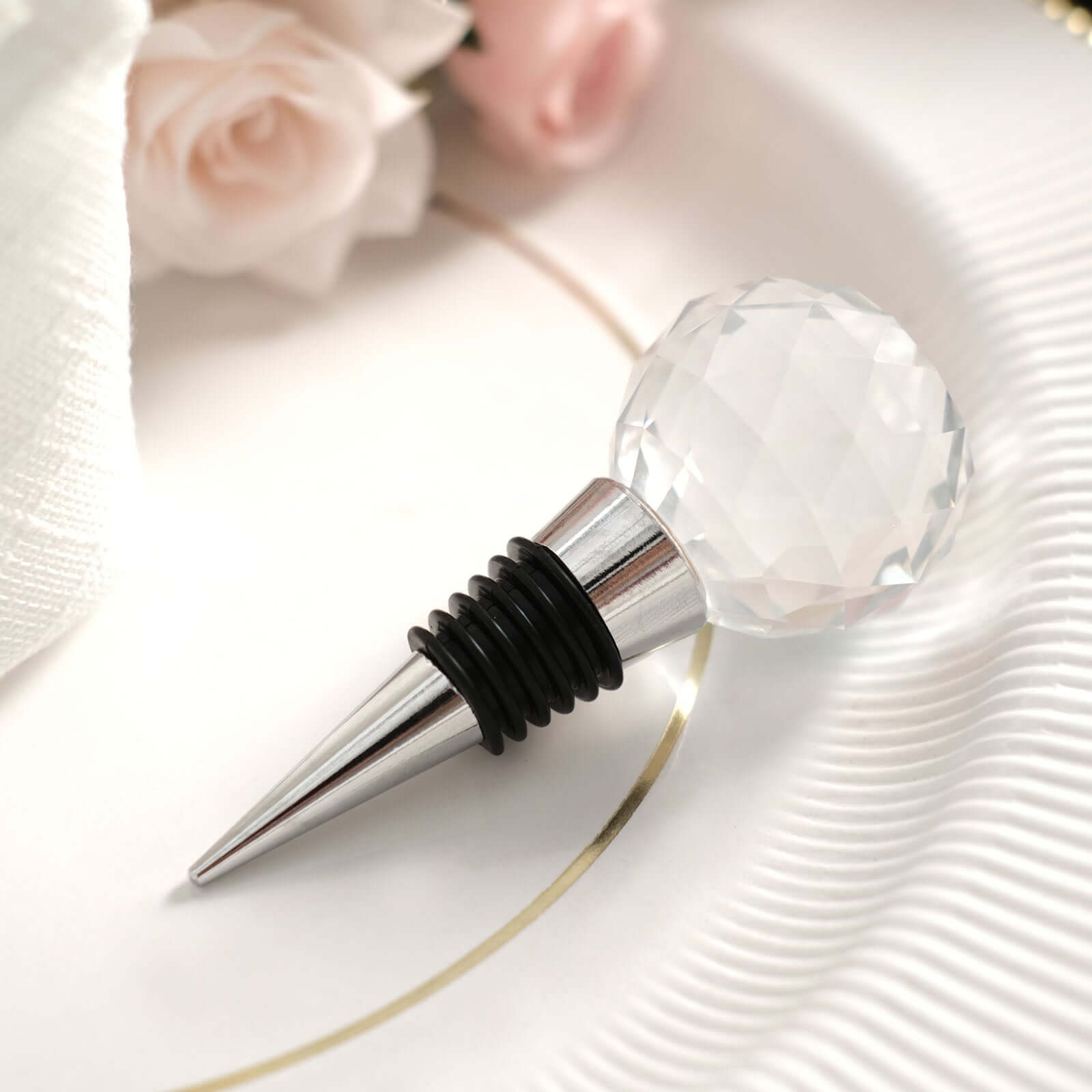 Crystal Glass Ball Metal Wine Bottle Stopper Plug Party Favor Gift Box - Clear Box, Thank You Card, and Ribbon Included