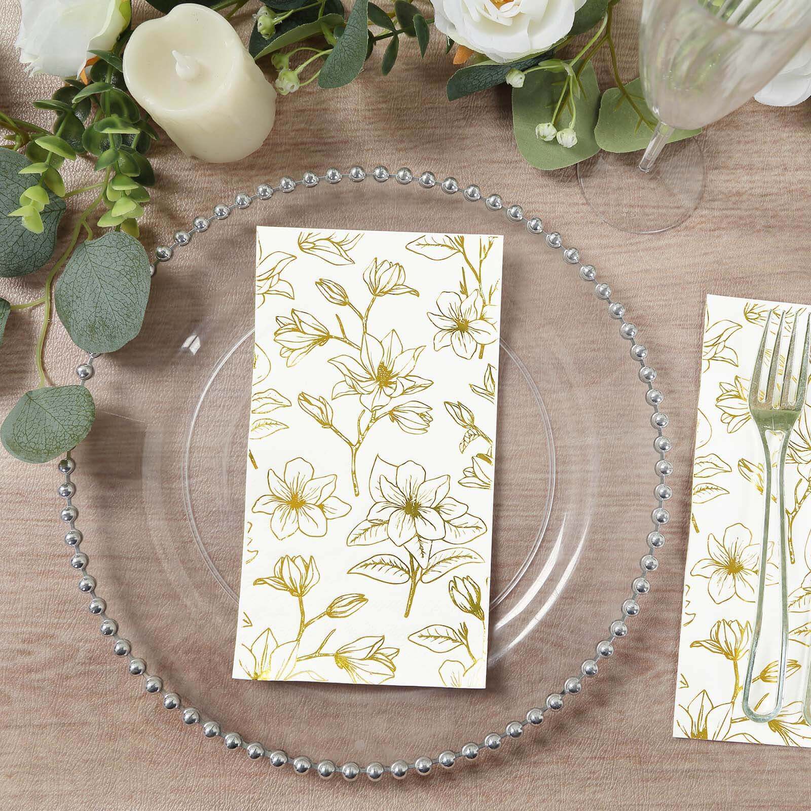 50-Pack Paper Dinner Napkins White with Gold Magnolia Flowers Print 2-Ply - Disposable Soft Napkins for Parties