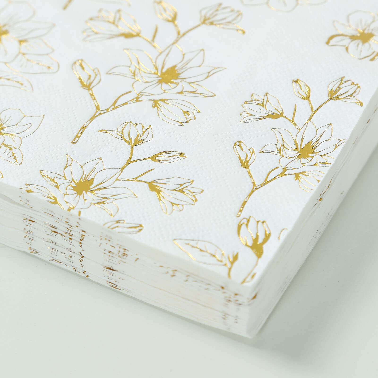 50-Pack Paper Cocktail Napkins with Gold Magnolia Flowers Print White - Highly 2 Ply Absorbent Soft Napkins for Beverages