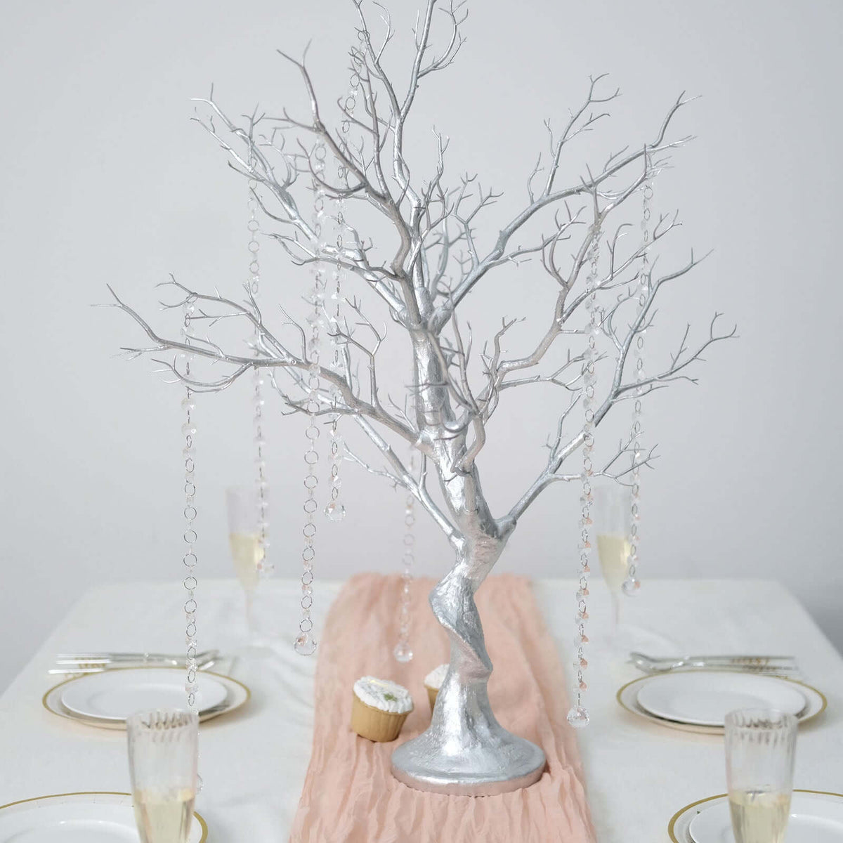 Manzanita Tree Centerpiece Metallic SIlver with 8 Acrylic Bead Chains for Weddings Parties & Event Displays 34"