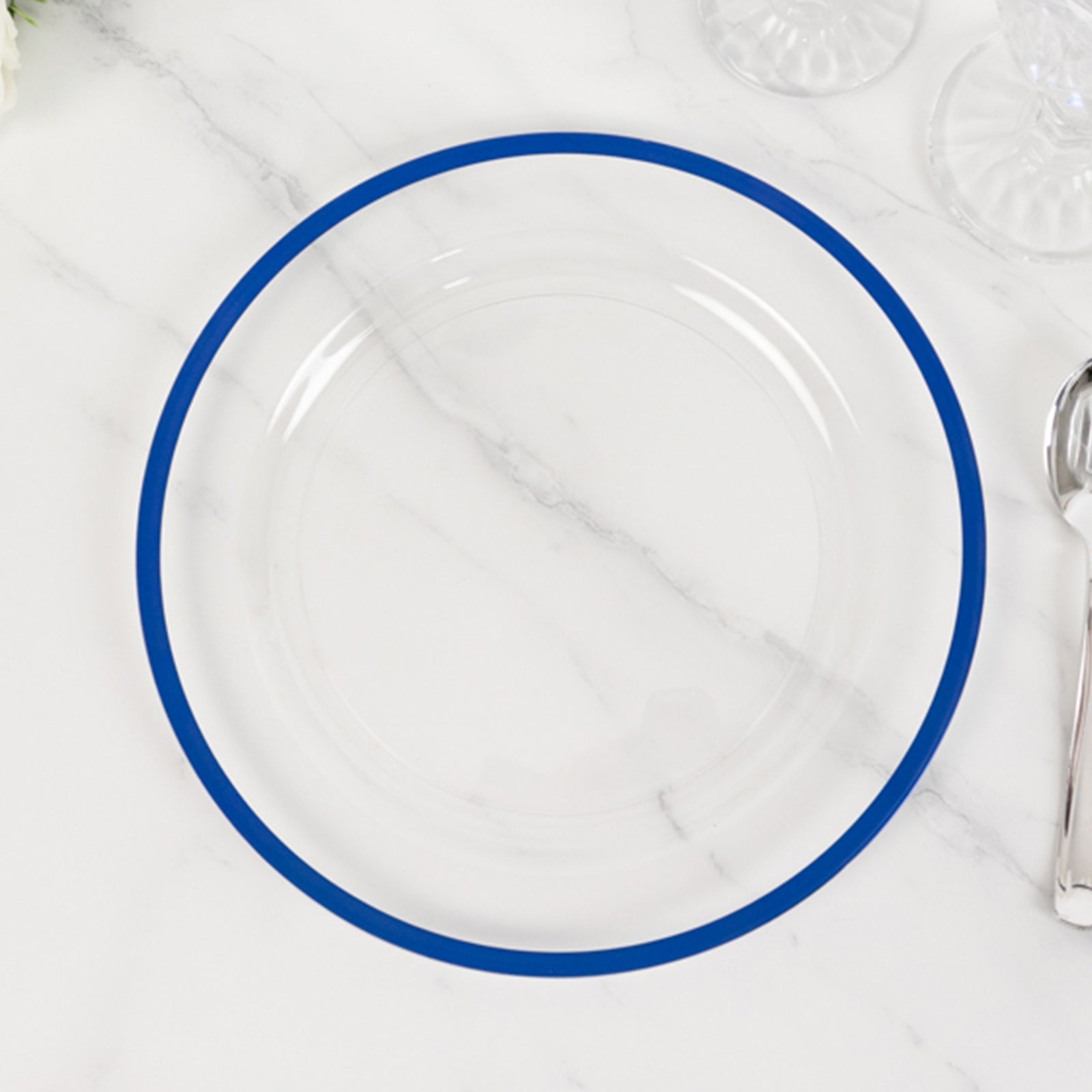 10-Pack Plastic 10" Round Dinner Plates in Clear with Blue Rim - Disposable Party Plates for Classy Banquets & Special Occasions