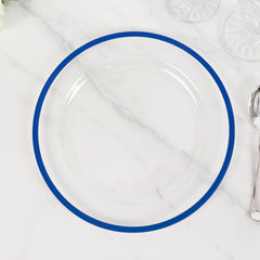 10-Pack Plastic 10" Round Dinner Plates in Clear with Blue Rim - Disposable Party Plates for Classy Banquets & Special Occasions