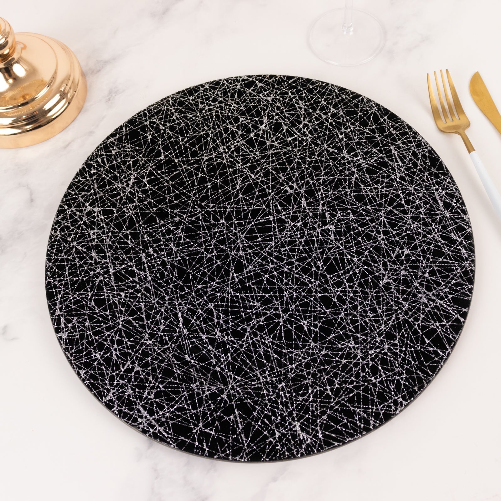 6-Pack Acrylic Round Charger Plates 13" in Black with Silver Glitter Abstract Lines Pattern, Decorative Dinner Party Charger Tableware
