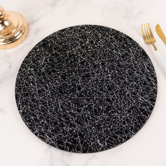 6-Pack Acrylic Round Charger Plates 13" in Black with Silver Glitter Abstract Lines Pattern, Decorative Dinner Party Charger Tableware