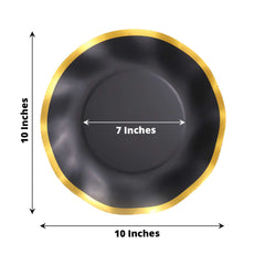25-Pack Paper Round Dinner Plates 10" Matte Black with Gold Wavy Rim - Disposable 350GSM Party Plates