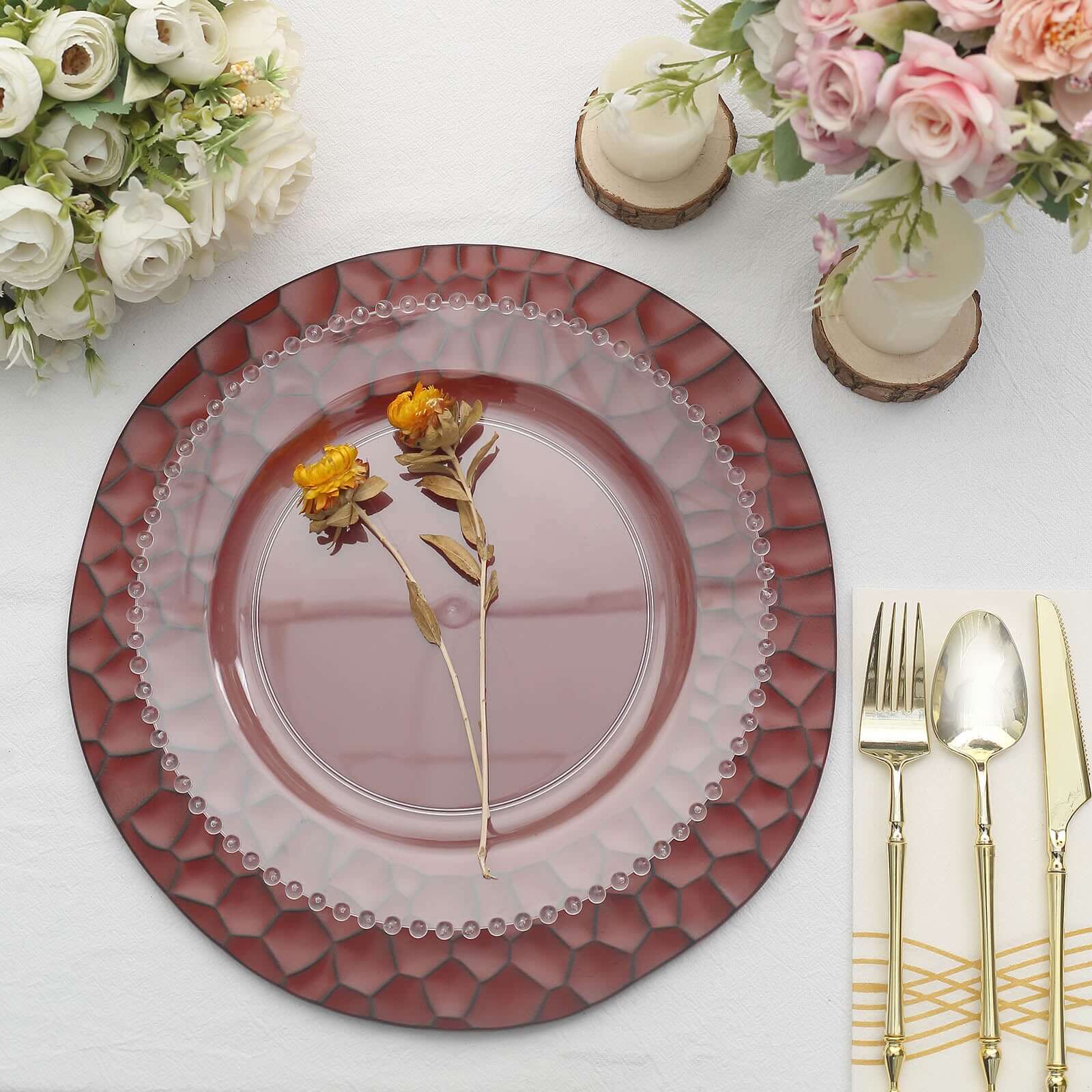 6-Pack Round Charger Plates 13" in Burgundy with Hammered Rim, Matte Finish Modern Dinner Charger Tableware