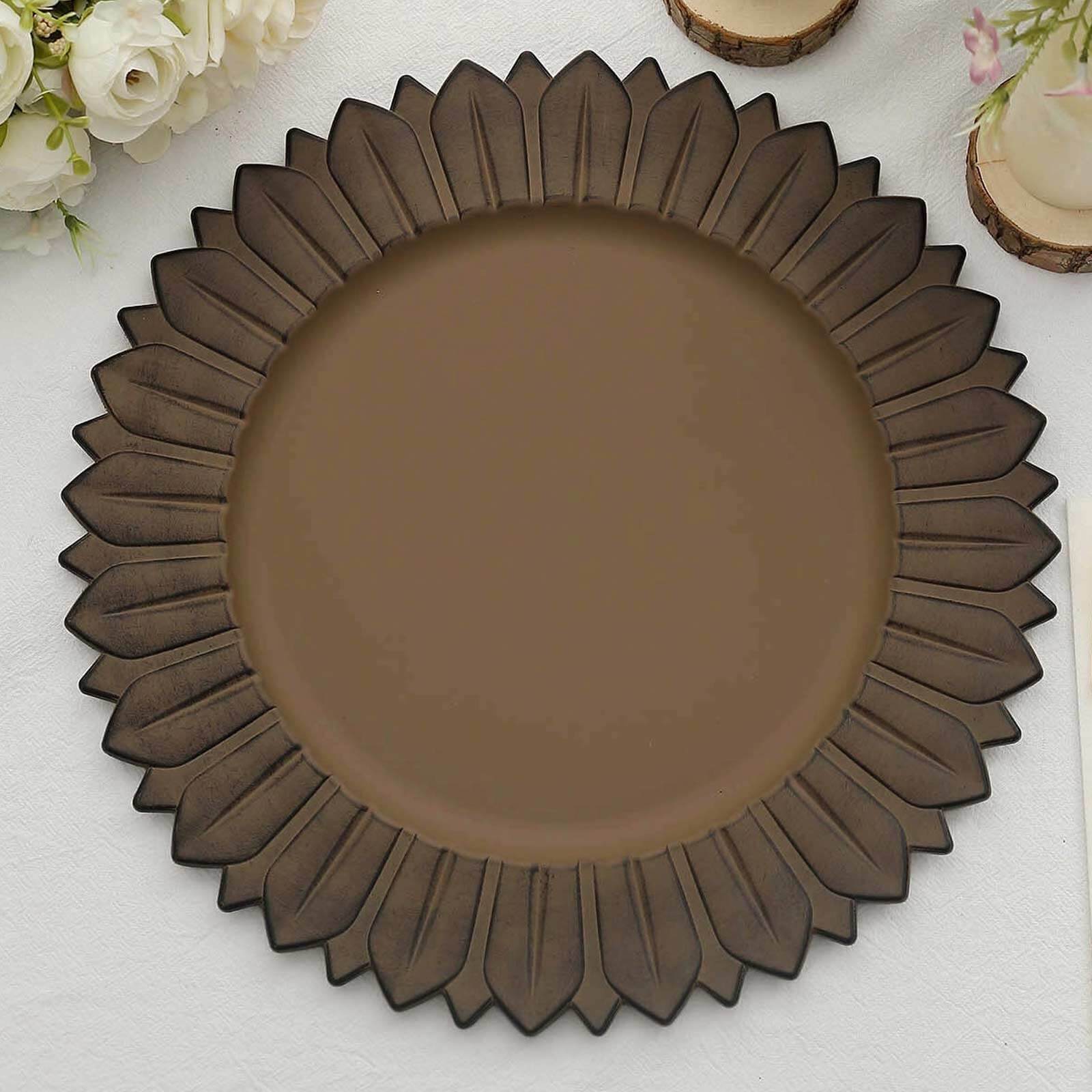 6-Pack Plastic Round Charger Plates 13" in Natural with Sunflower Rim, Matte Finish Disposable Dinner Charger Tableware